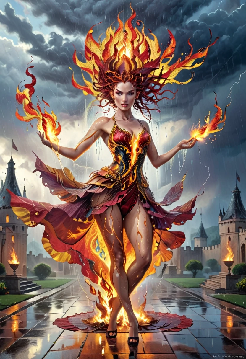 a sorceress of fire making fire dance in a the (storm of rain: 1.3), a most exquisite beautiful sorceress, controlling fire manipulating fire, a woman, dynamic hair color, dynamic hair style, (most beautiful face: 1.3), (ultra detailed face: 1.2), wet hair, wet face, dynamic eyes color, full body shot, wearing dress made of fire, wearing intricate high heels, light make up, dancing in courtyard of a fantasy castle background, ((heavy rain drops: 1.1)), clouds in the sky, (anatomically correct: 1.4), (full body shot: 1.1) , vibrant, Ultra-high resolution, High Contrast, (masterpiece:1.5), highest quality, Best aesthetics), best details, best quality, highres, ultra wide angle, 16k, [ultra detailed], masterpiece, best quality, (extremely detailed), firecd_xl, phoenix dress, fireMagicAI
