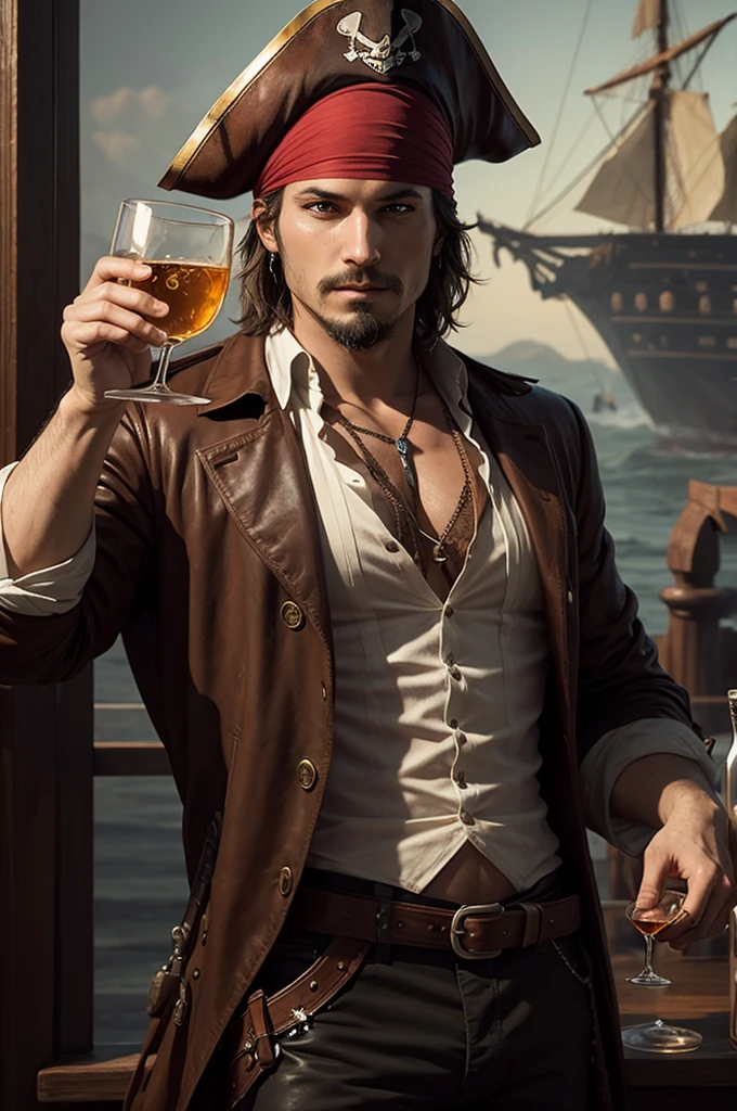 Drawing of a pirate holding a glass of whiskey