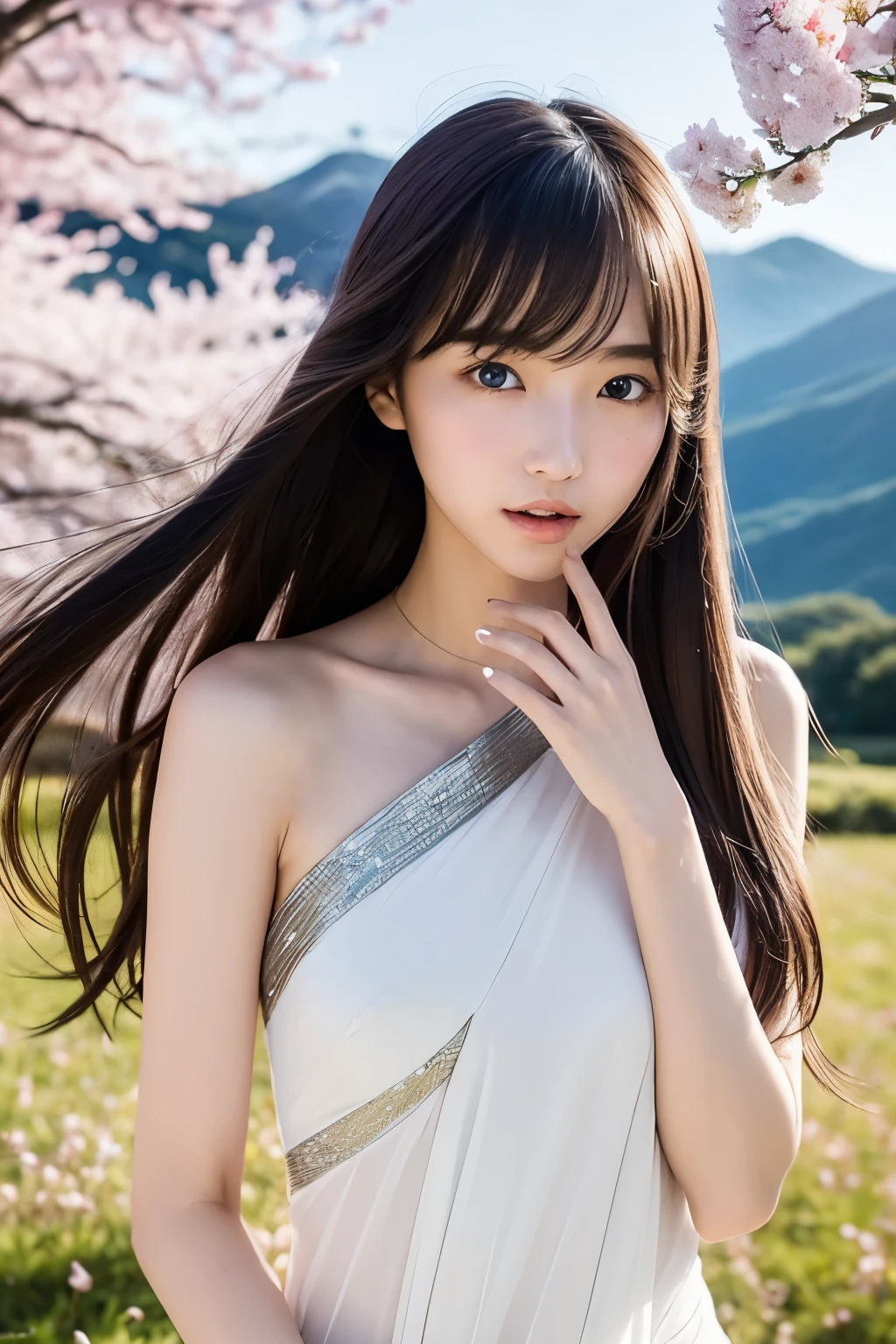1 girl, a captivating young Japanese girl with long straight hair, falling gently over her shoulders and bangs framing her face, adorned with sparkling blue eyes, a straight nose, and small, delicate lips; she possesses a flat belly and long, slender legs, her hands and fingers perfectly ergonomic in their symmetry; relaxed and graceful, her body shape echoes an aesthetic balance; wearing a shimmering, silky dress that rustles with every movement, she tops it off with a wizard's hat, its intricate design gleaming in the dawn light; surrounded by the blooming cherry blossoms in a field, standing proudly before a majestic mountain back