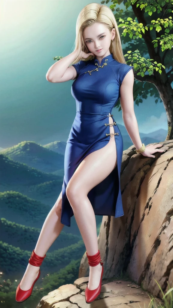 android 18,blonde hair,(((long hair))),blue eyes,(long slit red sexy cheongsam), (Red),looking at the audience,face smile,close-up,river,rock,tree,blue sky,high quality,masterpiece,sexy body, sexy Red Dress, red,perfect big breasts, Hyperrealistic intricate detail, Cinematic, 8K resolution, 70mm, Accent Lighting, Global Illumination, Full body portrait, clean detailed faces,