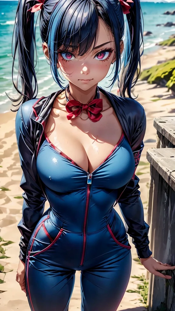 1 girl, Youngh, psychopathic expression, navy blue hair, crimson red eyes 2.0, ((cyan blue jumpsuit)), sharped teeth ((gaping mouth)), wearing blue jumpsuit with zipper (( jumpsuit going from the neck to mid-thighs: 1.0)), shoulders and arms completely visible, beach scenery, 8K, posing on a rock, blood-stained scenery, ultra realisticdetails, pigtails 2.0, 170 cm tall, short hair 1.2 ( (at neck height)), square bangs