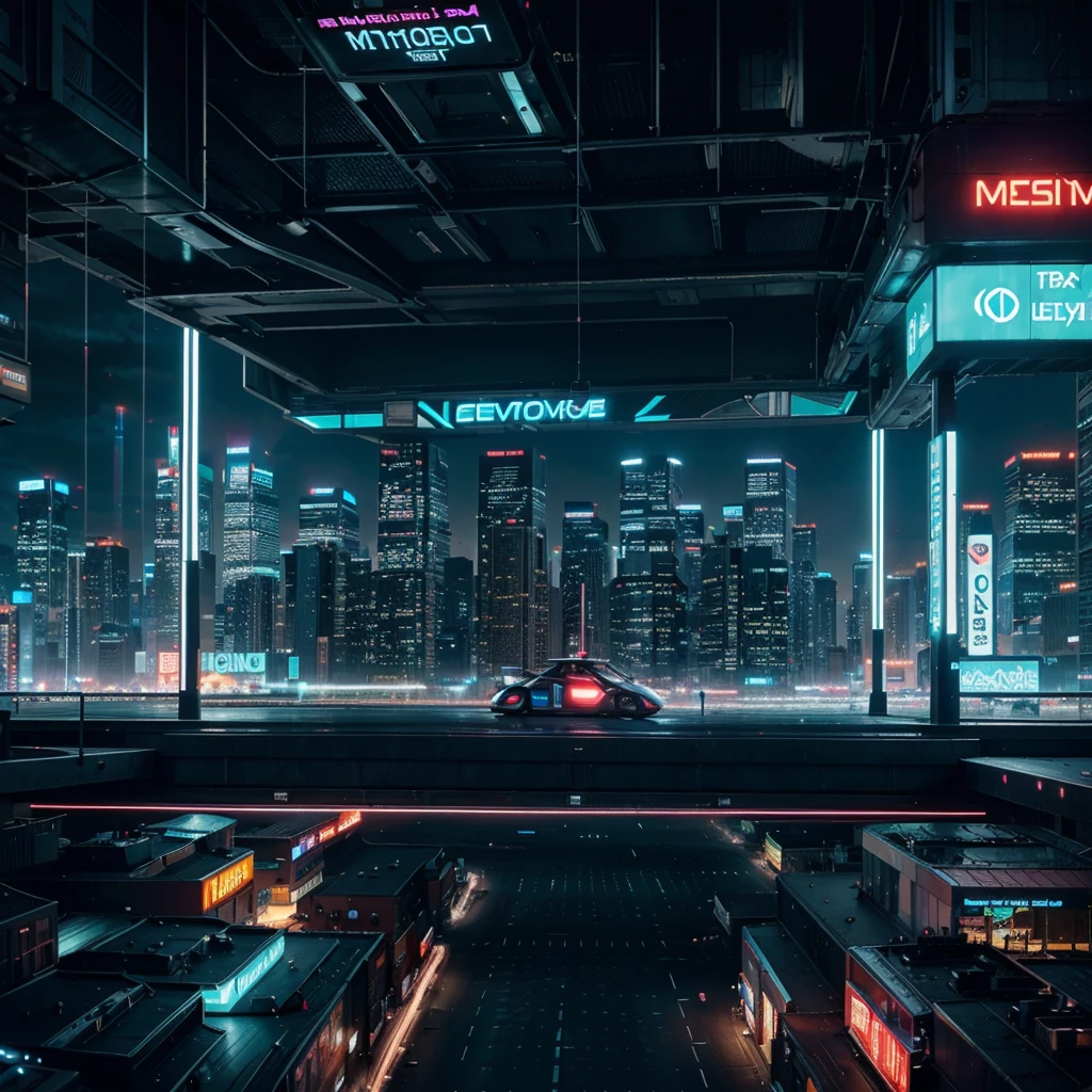 Produce a futuristic cityscape at night with neon lights, flying cars, and holographic billboards. Capture the essence of a bustling metropolis with advanced technology and innovative architectural designs