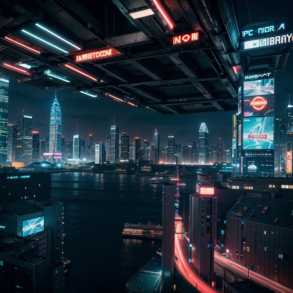 Produce a futuristic cityscape at night with neon lights, flying cars, and holographic billboards. Capture the essence of a bustling metropolis with advanced technology and innovative architectural designs