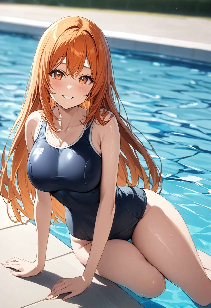 1 girl, (solo:1.2), tall girl, long orange hair, straight hair ,orange eyes, (high school student), (17 years old), (Full Breasts), (thighs), High Height,masterpiece, high resolution, shiny, full body, beautiful,A cute smile that makes the viewer happy, highly detailed beautiful face and eyes,looking at viewer, (school swimsuit:1.2), (in poolside:1.2),