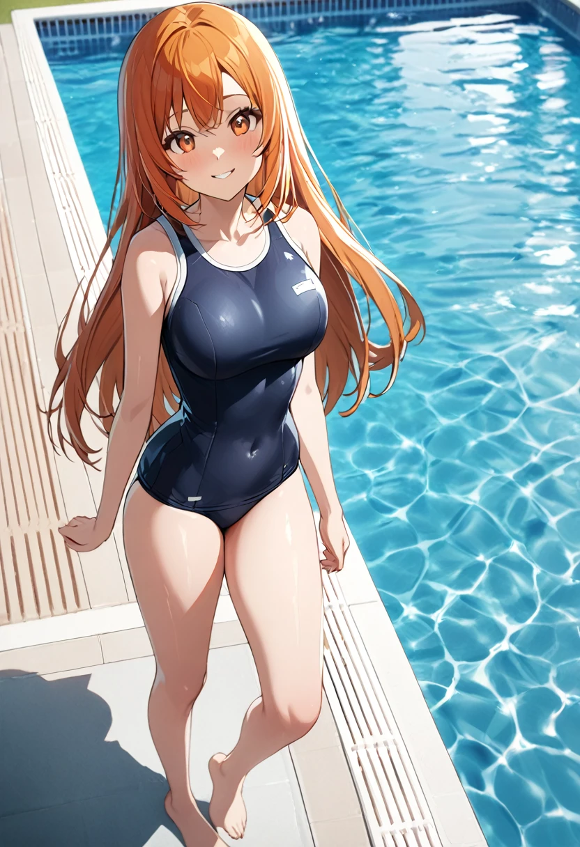 1 girl, (solo:1.2), tall girl, long orange hair, straight hair ,orange eyes, (high school student), (************), (Full Breasts), (thighs), High Height,masterpiece, high resolution, shiny, full body, beautiful,A cute smile that makes the viewer happy, highly detailed beautiful face and eyes,looking at viewer, (school swimsuit:1.2), (in poolside:1.2),