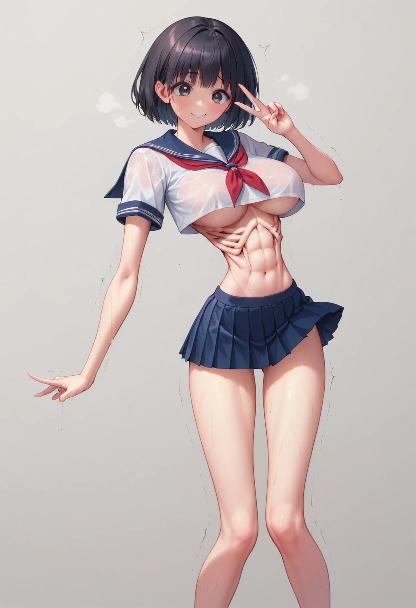 (masterpiece, best quality:1.2), front shot, beautiful 1girl, (super big breasts, micro waist, very long legs:1.4), Black hair, short bob hair, short height, scrawny and thin body, (retraction of abdomen:1.3), Light Skin, cute big eyes, cute beautiful thin face, forced smile, Modest, serafuku, mini skirt, pigeon-toed, V sign, Long and thin navel, (beautiful visible ribs:1.5), (Arched back, wet and sweaty, Trembling)