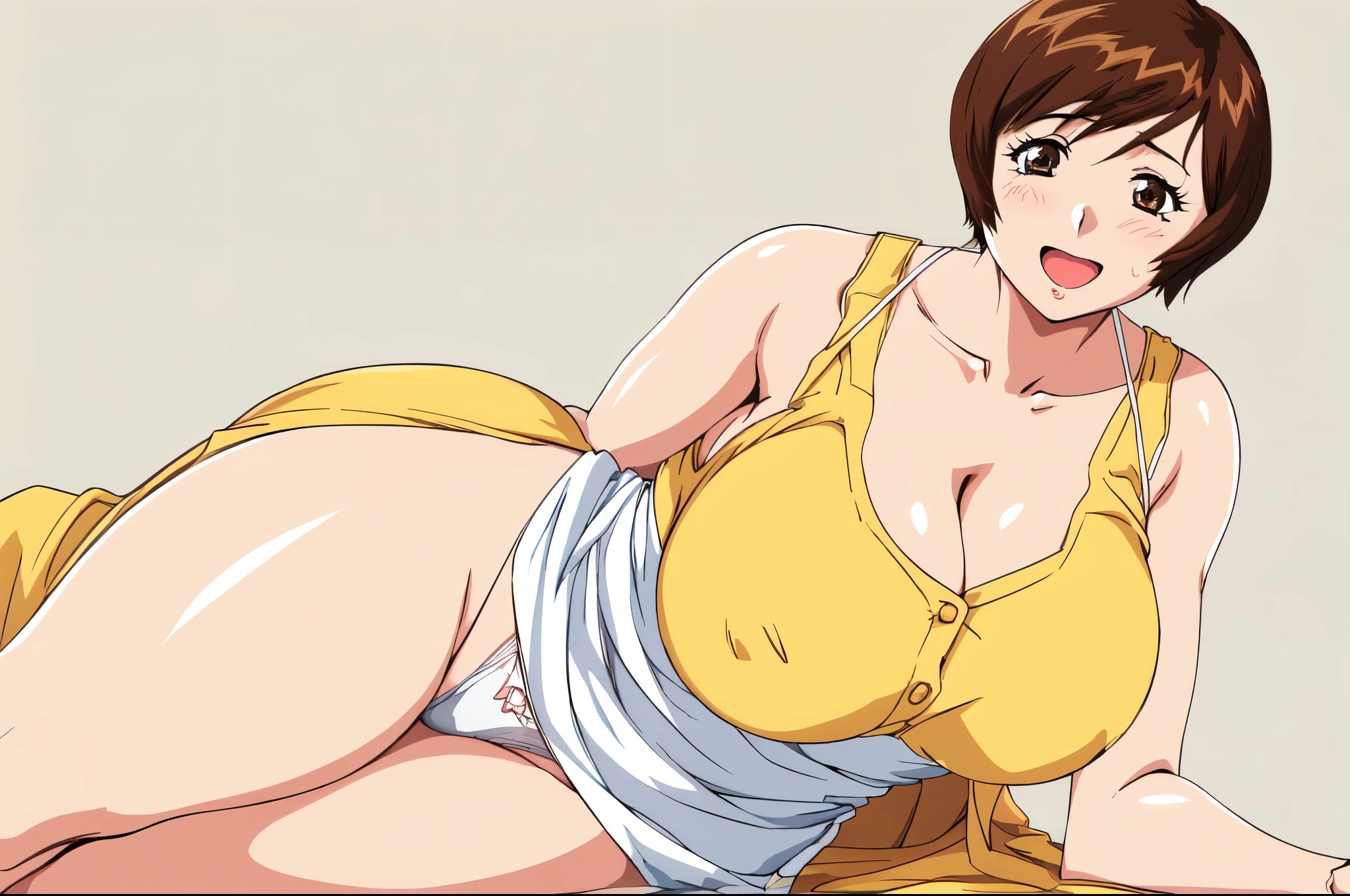 masterpiece, highest quality, High resolution, One girl, solo, sexual intercourse, Pornographic images, short hair, etsukoto, brown Eyes, fine grain, fine grain, (((Thick thighs, Plump thighs, Voluptuous thighs, Thighs alone are enough))), Huge and ample breasts, Cleavage, big long breasts, Naughty big,((big breasts are important))、((Naughty thighs)), L Cup, (thin:1.4),(Tight waist:1.4),  (yellow micro dress:1.4), ((white waist apron)), smile, open mouth, blush, white panties,  (((Simple Background))), ((Wide Hips)), Shiny, Oily skin, Mature mother, Calf, Seductive mature woman, milf, Perfect body, Plus Size Model, curvy, ample, etsukoto, blush, clavicle, retro artstyle, 1990s (style), (thick thighs:1.4), lying, side on,