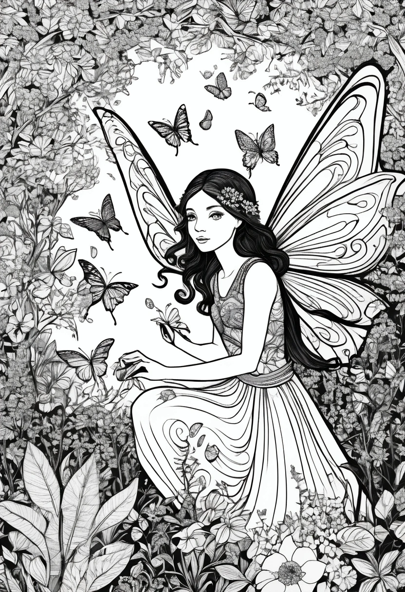 (A black and white coloring book:1.5), A fairy painting flowers with vibrant colors in an enchanted garden, clean line art, white background, colouring page, clean outline