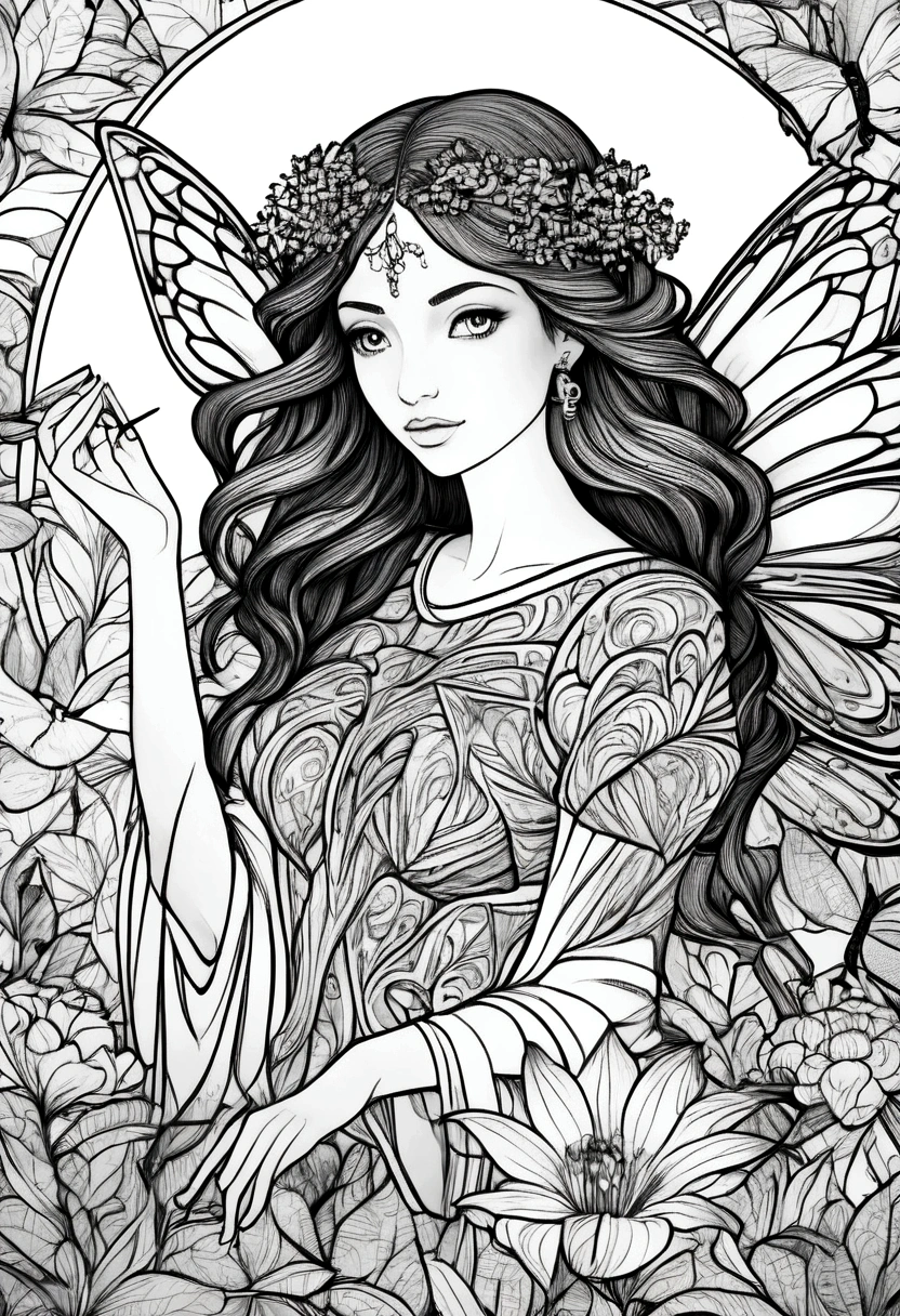 (A black and white coloring book:1.5), A fairy painting flowers with vibrant colors in an enchanted garden, clean line art, white background, colouring page, clean outline
