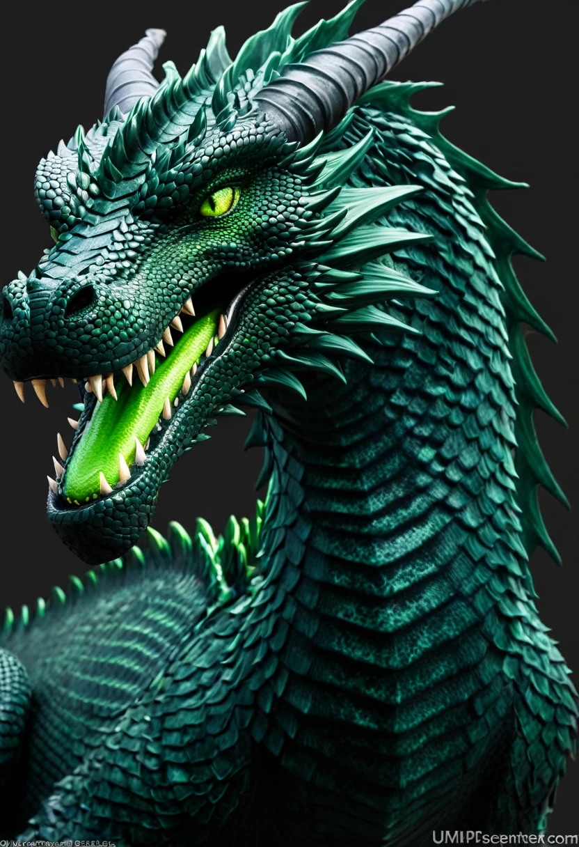 create an image of a giant black serpentine dragon with green eyes and no wings