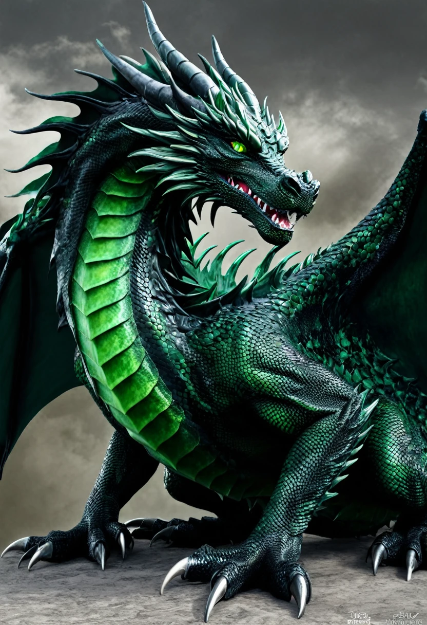 create an image of a giant black serpentine dragon with green eyes and no wings