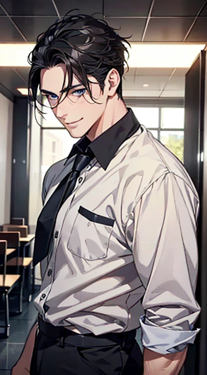 a mature man with short grey Black hair, blue eyes, 31 years, and a perfect face, smiling in love, CEO, cinematic lighting, 1:4 HDR image, top view, ultra detailed, best quality, masterpiece, 8K, photorealistic, beautiful image
