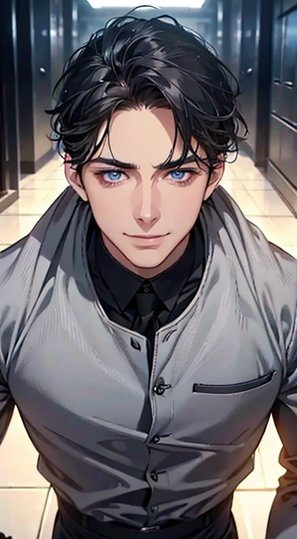 a mature man with short grey Black hair, blue eyes, 31 years, and a perfect face, smiling in love, CEO, cinematic lighting, 1:4 HDR image, top view, ultra detailed, best quality, masterpiece, 8K, photorealistic, beautiful image