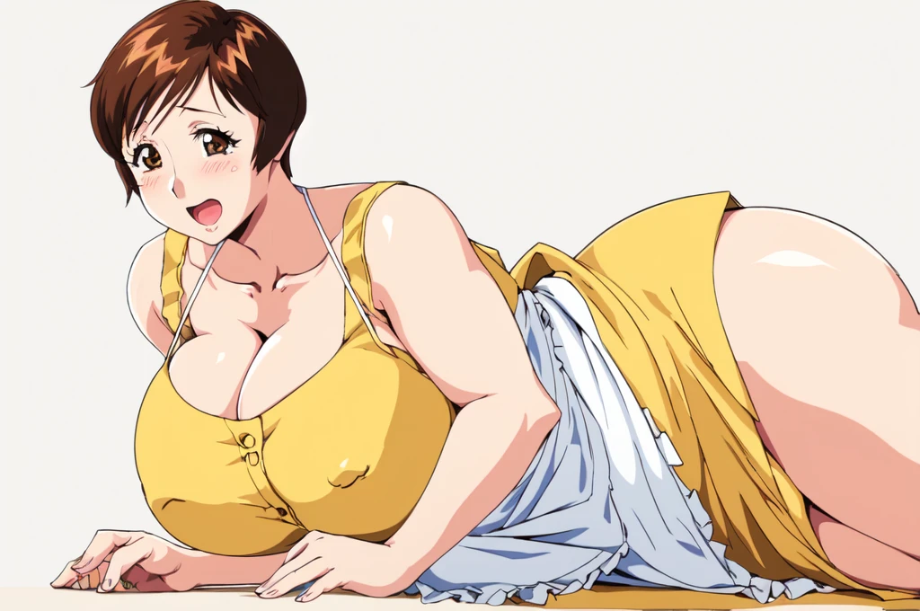 masterpiece, highest quality, High resolution, One girl, solo, sexual intercourse, Pornographic images, short hair, etsukoto, brown Eyes, fine grain, fine grain, (((Thick thighs, Plump thighs, Voluptuous thighs, Thighs alone are enough))), Huge and ample breasts, Cleavage, big long breasts, Naughty big,((big breasts are important))、((Naughty thighs)), L Cup, (thin:1.4),(Tight waist:1.4), (yellow micro dress:1.4), ((white waist apron)), smile, open mouth, blush, white panties, (((Simple Background))), ((Wide Hips)), Shiny, Oily skin, Mature mother, Calf, Seductive mature woman, milf, Perfect body, Plus Size Model, curvy, ample, etsukoto, blush, clavicle, retro artstyle, 1990s (style), (thick thighs:1.4), lying, side on,