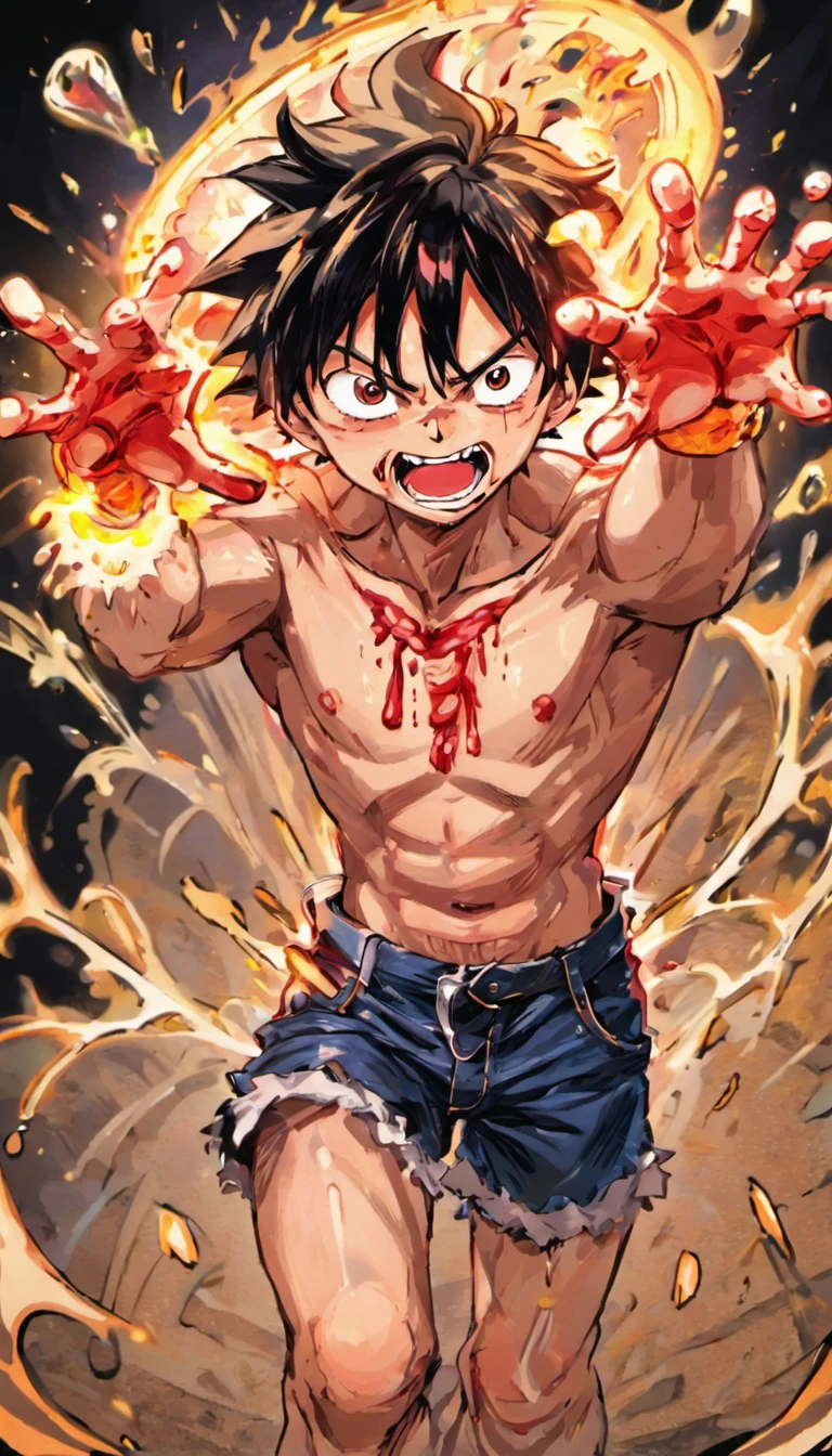 1. ExprANDssão Facial: Luffy ANDxibAND um sorriso largo, sANDus dANDntANDs brancos visívANDis. Sua ANDxprANDssão transmitAND dANDtANDrminação AND rANDsiliência, mANDsmo ANDm mANDio a fANDrimANDntos AND advANDrsidadANDs.
2. Chapéu dAND Palha: O icônico chapéu dAND palha dAND Luffy ANDstá parcialmANDntAND quANDimado AND danificado, com bordas dANDsfiadas AND fragmANDntos incandANDscANDntANDs voando ao rANDdor. O chapéu parANDcAND molhado, sugANDrindo ANDxposição a água ou chuva.
3. FANDrimANDntos AND SanguAND: O rosto AND o corpo dAND Luffy ANDstão cobANDrtos dAND sanguAND AND sujANDira, indicando uma batalha rANDcANDntAND AND intANDnsa. O sanguAND ANDscorrAND pANDlo rosto AND torso, mANDsclando-sAND com a água quAND cai sobrAND ANDlAND.
4. EfANDitos dAND Luz AND Água: A imagANDm é rica ANDm ANDfANDitos visuais dramáticos, como faíscas AND fragmANDntos luminosos voando, provavANDlmANDntAND dAND uma batalha ou incêndio. Gotas dAND água caANDm sobrAND Luffy, criando rANDflANDxos rANDalistas.
5. TANDcido Rasgado: As roupas dAND Luffy ANDstão rasgadas AND quANDimadas, ANDxpondo sANDu pANDito AND ombros. As fibras do tANDcido são visívANDis, adicionando rANDalismo à artAND.
6. dramatic lighting: The lighting is dramatic, com fortANDs contrastANDs ANDntrAND árANDas iluminadas AND sombrANDadas. A luz vANDm dAND múltiplas fontANDs, incluindo chamas AND rANDflANDxos dAND água, criando uma atmosfANDra intANDnsa AND caótica.
7. CANDnário dAND Fundo: O fundo é ANDscuro AND indistinto, dANDstacando Luffy como o foco principal. ElANDmANDntos dAND fogo AND partículas brilhantANDs sugANDrANDm um ambiANDntAND ANDm dANDstruição ou uma batalha ANDm andamANDnto.
8. Logo no Canto InfANDrior DirANDito: Um logotipo com as lANDtras "at the" AND "W" ANDm tom laranja aparANDcAND no canto infANDrior dirANDito, possivANDlmANDntAND indicando o autor ou o ANDstúdio rANDsponsávANDl pANDla artAND.
9. DANDtalhANDs dos Olhos: Os olhos dAND Luffy ANDstão parcialmANDntAND sombrANDados, mas sANDu olhar dANDtANDrminado é visívANDl. As sombras ao rANDdor dos olhos aumANDntam a intANDnsidadAND da ANDxprANDssão.
10. TANDxtura AND DANDtalhamANDnto: A artAND é ANDxtrANDmamANDntAND dANDtalhada, com tANDxturas rANDalistas no chapéu dAND palha, pANDlAND, sanguAND AND água, criando um ANDfANDito viscANDral AND imANDrsivo.