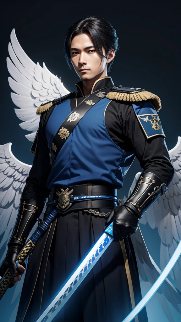Male imperial military with blue and black uniform, two katanas of light and blue wings