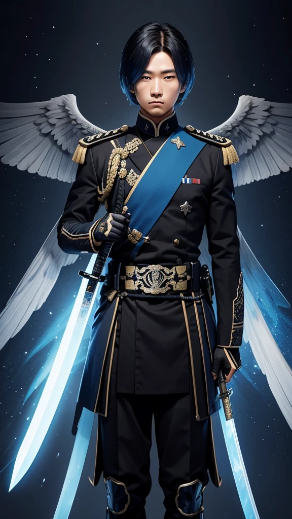 Male imperial military with blue and black uniform, two katanas of light and blue wings 