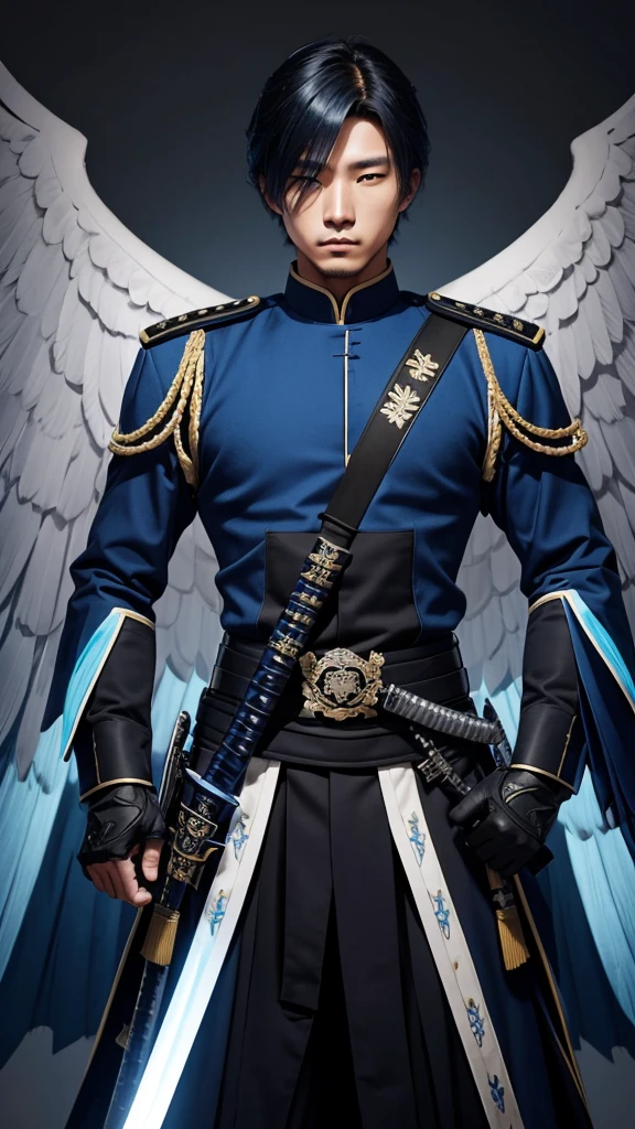 Male imperial military with blue and black uniform, two katanas of light and blue wings 