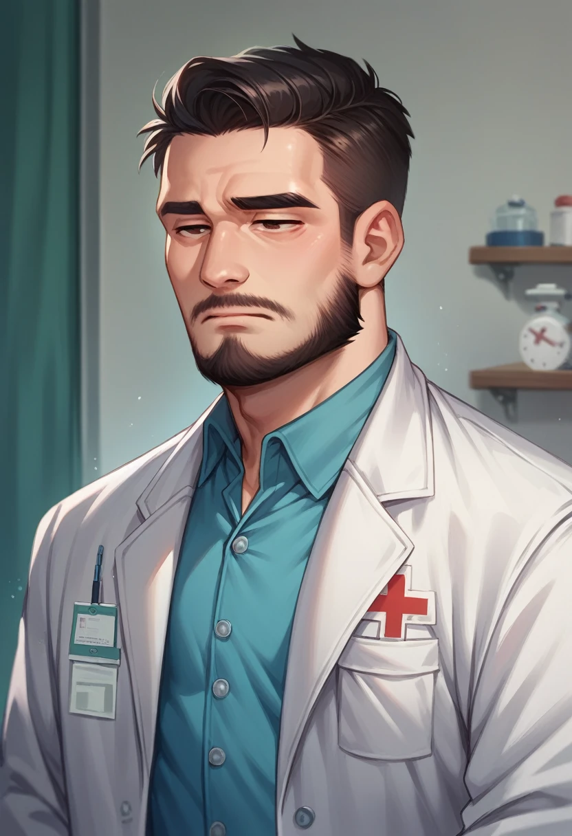 Asian guy, medium hair, beard, medical coat, doctor, tired