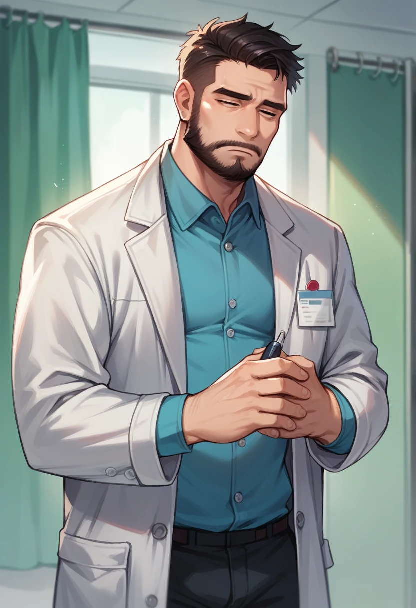 Asian guy, medium hair, beard, medical coat, doctor, tired