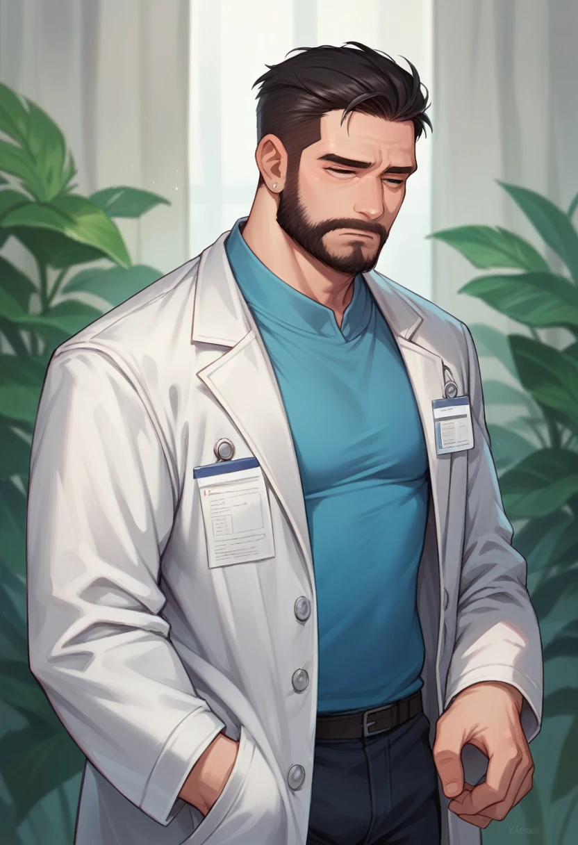 Asian guy, medium hair, beard, medical coat, doctor, tired