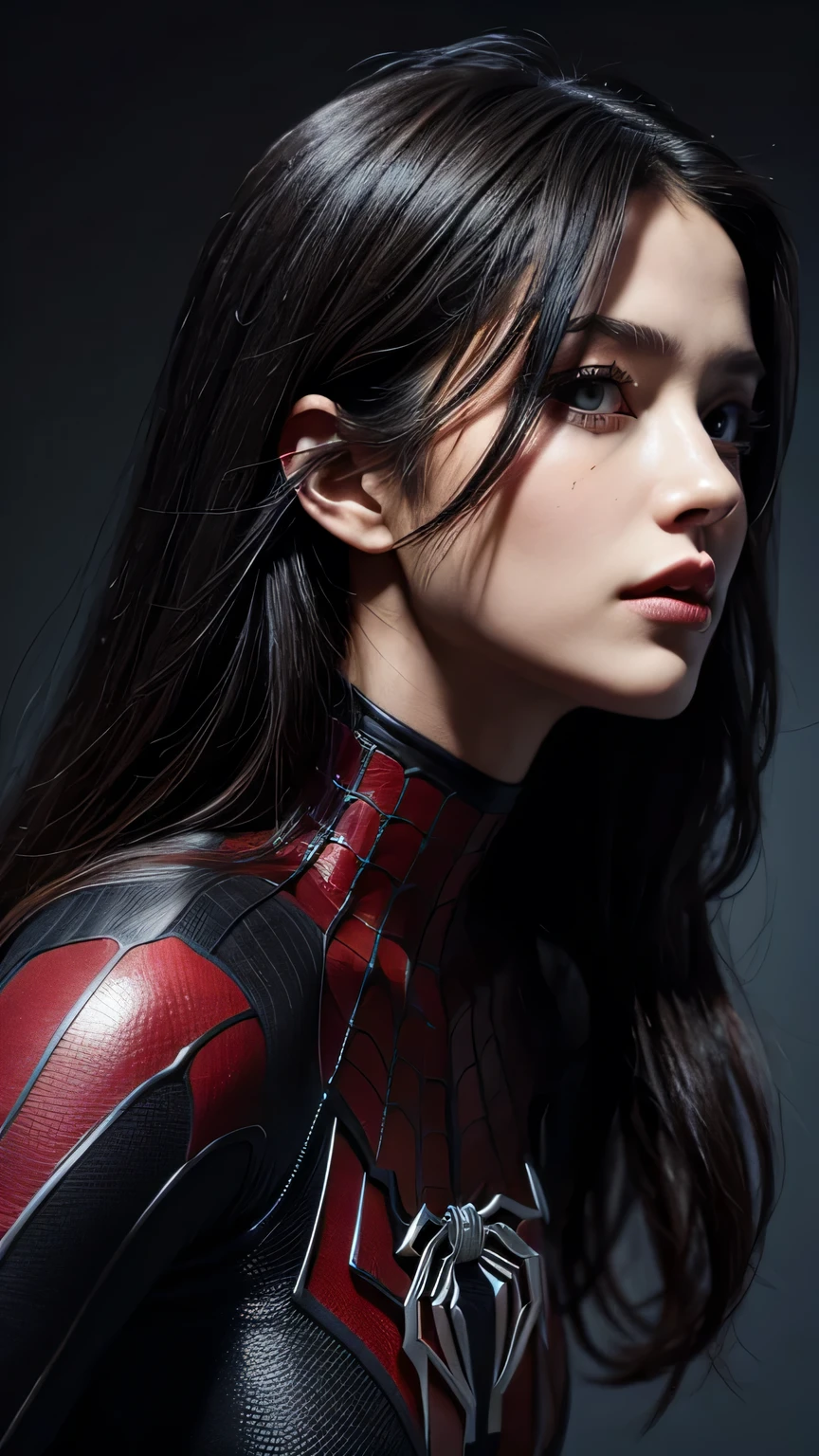 spider-woman, black suit, beautiful eyes, half body, masterpiece, ultra high details