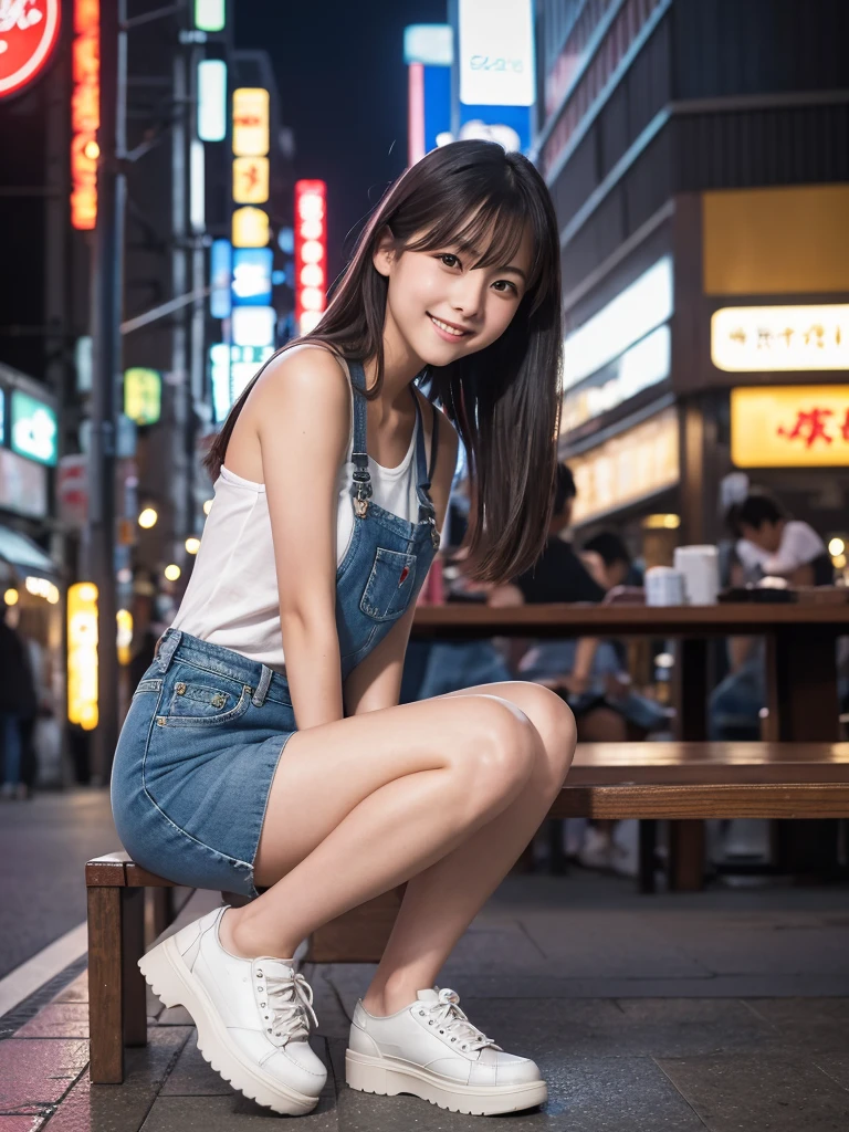 Stunning photorealistic masterpiece, best quality, 8K, HDR, raw photo, Kodak film, using Leica camera 24mm wide angle lens, soft colors, full body shot from low angle looking up, a taiwanese shoeshine girl, sitting sideways on a small bench back against the wall of the arcadee, sideways photo facing the audience, with a shoe polishing tool box in front of she, wearing a tube top and denim mini skirts. Her smiling eyes and smile conveyed an optimistic and unrestrained heart. The background was the street scene of Ginza, Tokyo. The surrounding atmosphere was gloomy and the lights focus on the girl in the overall dark atmosphere.