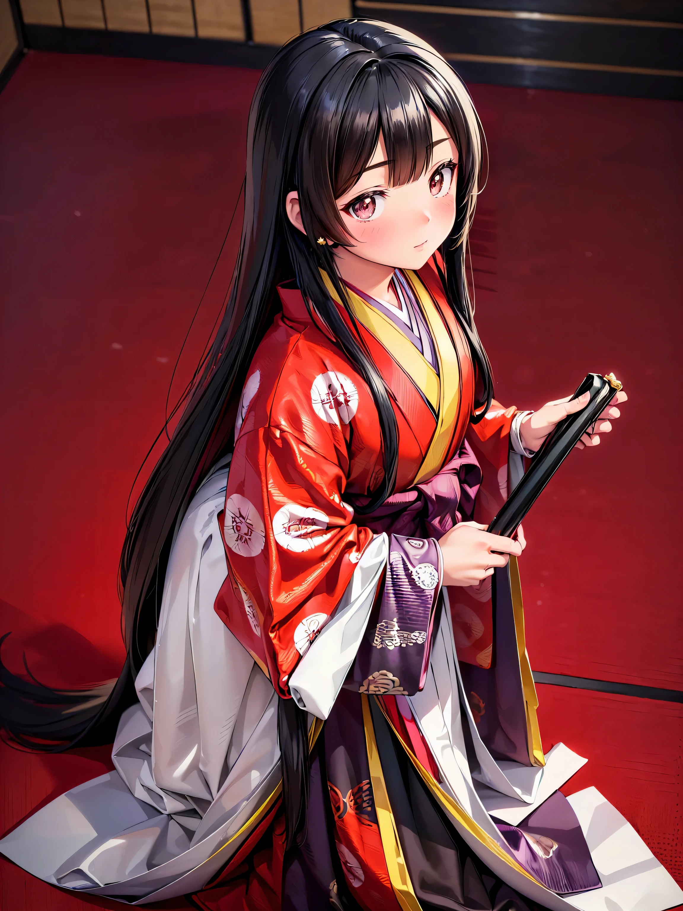 (solo japanese girl:1.3), (Straight long hair, Shiny and glossy black hair:1.3), Karaginu jacket, Long hakama, The cuffs and chest of the five-piece garment, Wearing Imperial Kimono, Imperial Patterns, (from front), (cowboy shot), (leaning forward, looking up, from above:1.3), (((Masterpiece, Super detail, top quality, ultra high res, Spectacular Quality, Distinguished Quality, ultra detailed, unity 16k, ultra photo realistic))), (moe animation art style:1.5),