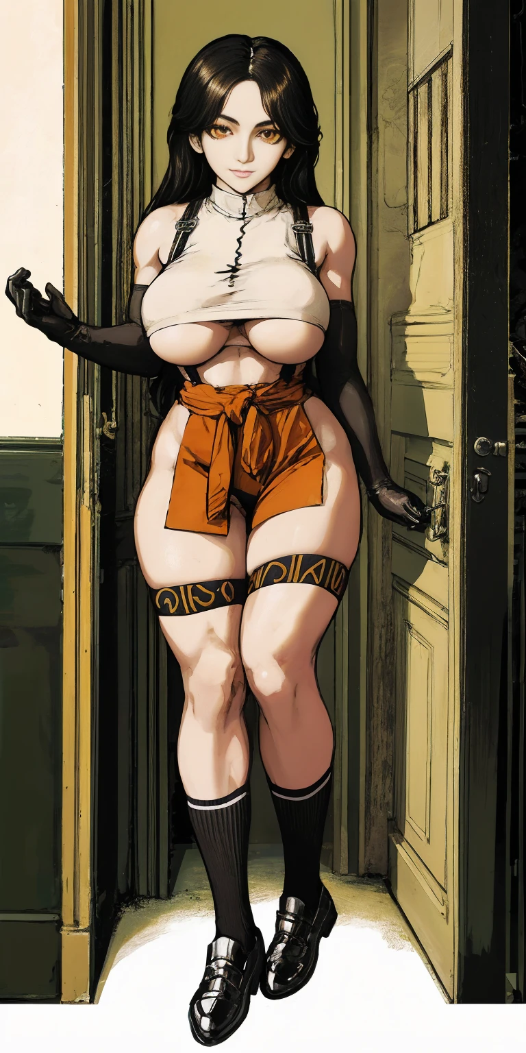 Female funger lying in bed, full body, standing, straight, symmetrical, looking at the viewer, very detailed illustration, 1solitaria, big breasts, high resolution, high quality, Masterpiece, looking at the viewer (female knight) orange long hair, absurdities, ultra detailed, (8k, Best Quality, Masterpiece:1.2) (realist, fotorrealista:1.37) (whole body) legs apart (wide stance) standing in front, ultra detailed, 1 girl,beautiful, alone (feminine works) (big breasts:1.5) (Beautiful detailed eyes) (SMILE:1.2) (Closed mouth), sharp focus, depth of field, Good composition, very long straight hair, hair explosion ((Orange_eyes)) intricate, bokeh (Tetsuya Nomura style) perfect breasts, White tank top, black thong, suspenders, gloves, socks, Toned body, athletic, Wide hips, thin waist, toned arms, exposed abdomen