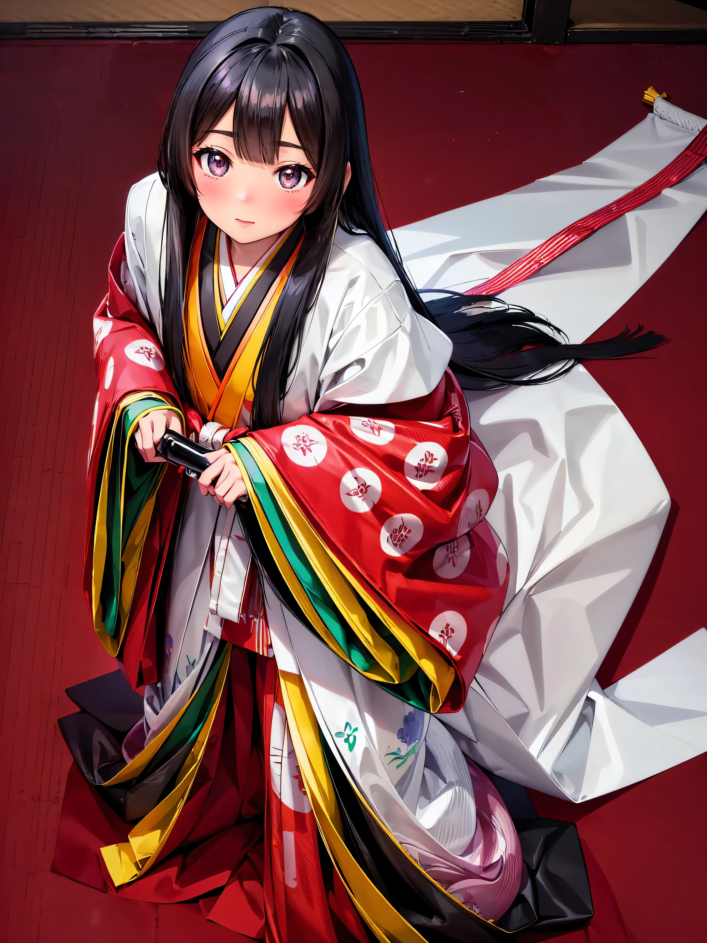 (solo japanese girl:1.3), (Straight long hair, Shiny and glossy black hair:1.3), Karaginu jacket, Long hakama, The cuffs and chest of the five-piece garment, Wearing Imperial Kimono, Imperial Patterns, (from front), (cowboy shot), (leaning forward, looking up, from above:1.3), (((Masterpiece, Super detail, top quality, ultra high res, Spectacular Quality, Distinguished Quality, ultra detailed, unity 16k, ultra photo realistic))), (moe animation art style:1.5),