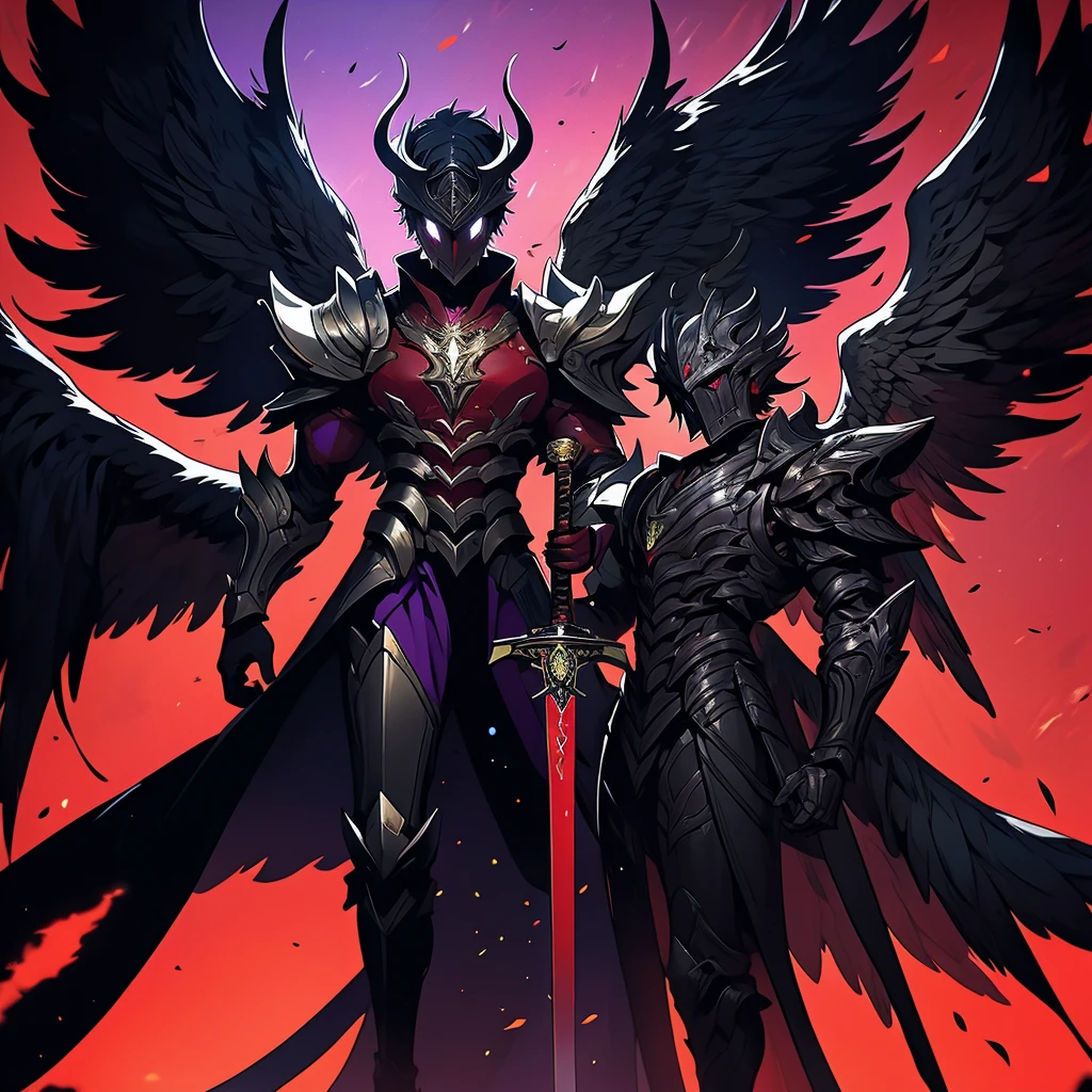 argus, red wings with black, fire wings, black armor with red edges, sword mitica, scene in crimson forest, escenario luna de blood, fire in the face, aurora of fire, purple background, fire in the wings, blood, luna de blood, blood en las alas, ultra hd, high quality, maximum quality, Fallen Angel, argus, full body, red armor, black background, escenario luna de blood, black wings, black edges, absurd resolution, High resolution, (masterpiece), alas de blood, fire wings, Fire ring, dark dawn, red aura, sword, sword maestra, mythic sword, carmesi moon background, purple background, 2 men, (((masterpiece))), 2 remedies, best sword, black hair, red eyes, purple eyes