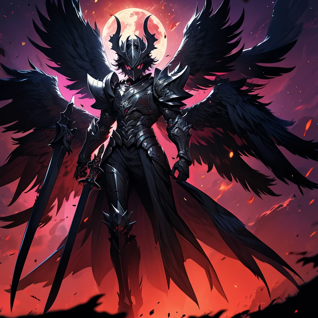 argus, red wings with black, fire wings, black armor with red edges, sword mitica, scene in crimson forest, escenario luna de blood, fire in the face, aurora of fire, purple background, fire in the wings, blood, luna de blood, blood en las alas, ultra hd, high quality, maximum quality, Fallen Angel, argus, full body, red armor, black background, escenario luna de blood, black wings, black edges, absurd resolution, High resolution, (masterpiece), alas de blood, fire wings, Fire ring, dark dawn, red aura, sword, sword maestra, mythic sword, carmesi moon background, purple background, 2 men, (((masterpiece))), 2 remedies, best sword, black hair, red eyes, purple eyes