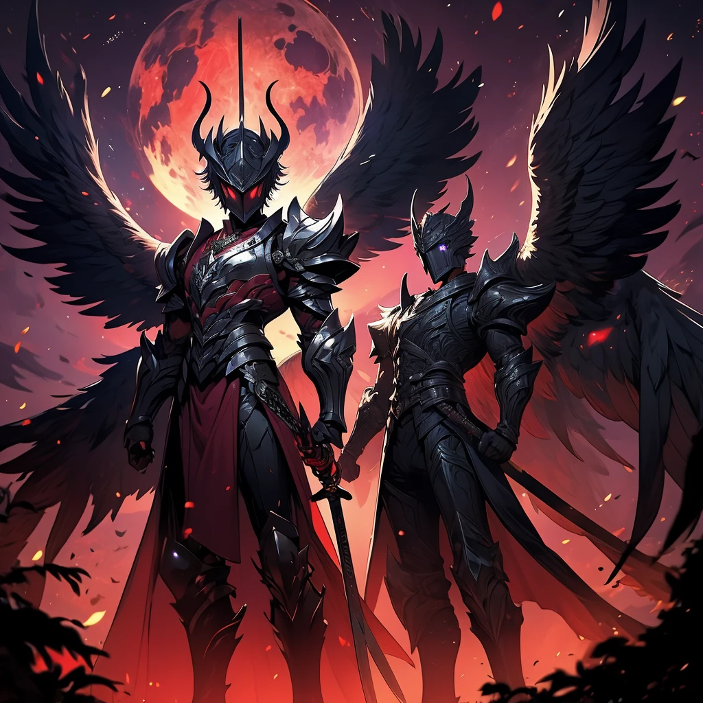 argus, red wings with black, fire wings, black armor with red edges, sword mitica, scene in crimson forest, escenario luna de blood, fire in the face, aurora of fire, purple background, fire in the wings, blood, luna de blood, blood en las alas, ultra hd, high quality, maximum quality, Fallen Angel, argus, full body, red armor, black background, escenario luna de blood, black wings, black edges, absurd resolution, High resolution, (masterpiece), alas de blood, fire wings, Fire ring, dark dawn, red aura, sword, sword maestra, mythic sword, carmesi moon background, purple background, 2 men, (((masterpiece))), 2 remedies, best sword, black hair, red eyes, purple eyes