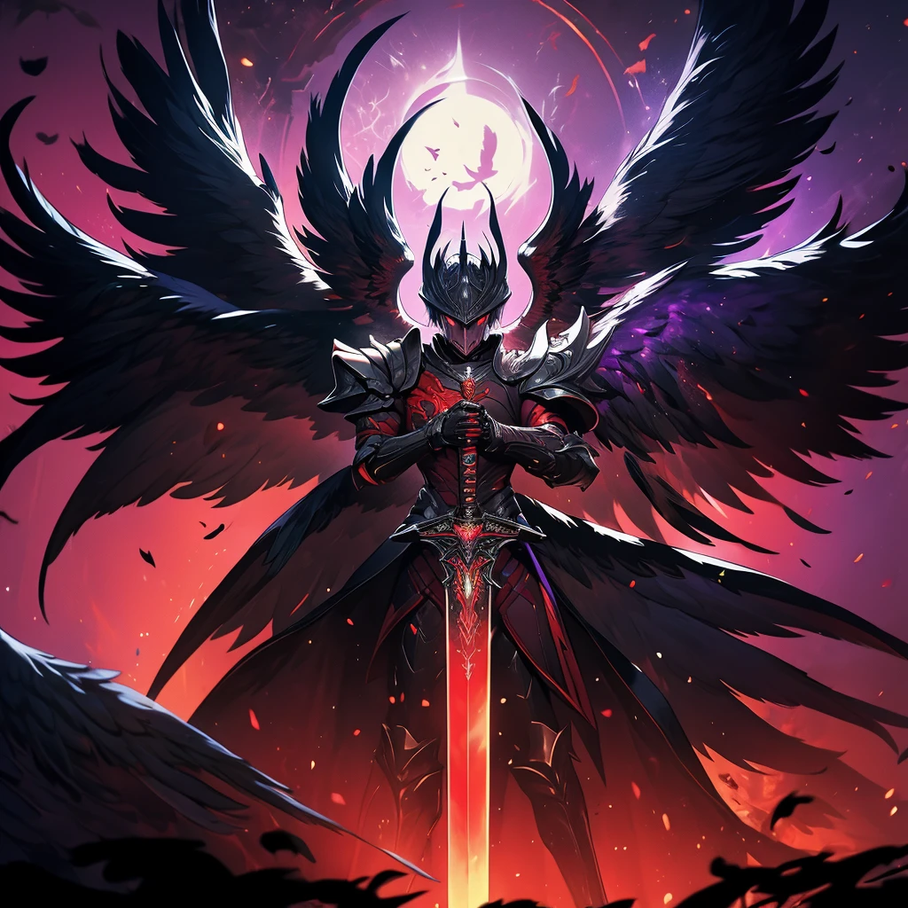 argus, red wings with black, fire wings, black armor with red edges, sword mitica, scene in crimson forest, escenario luna de blood, fire in the face, aurora of fire, purple background, fire in the wings, blood, luna de blood, blood en las alas, ultra hd, high quality, maximum quality, Fallen Angel, argus, full body, red armor, black background, escenario luna de blood, black wings, black edges, absurd resolution, High resolution, (masterpiece), alas de blood, fire wings, Fire ring, dark dawn, red aura, sword, sword maestra, mythic sword, carmesi moon background, purple background, 2 men, (((masterpiece))), 2 remedies, best sword, black hair, red eyes, purple eyes