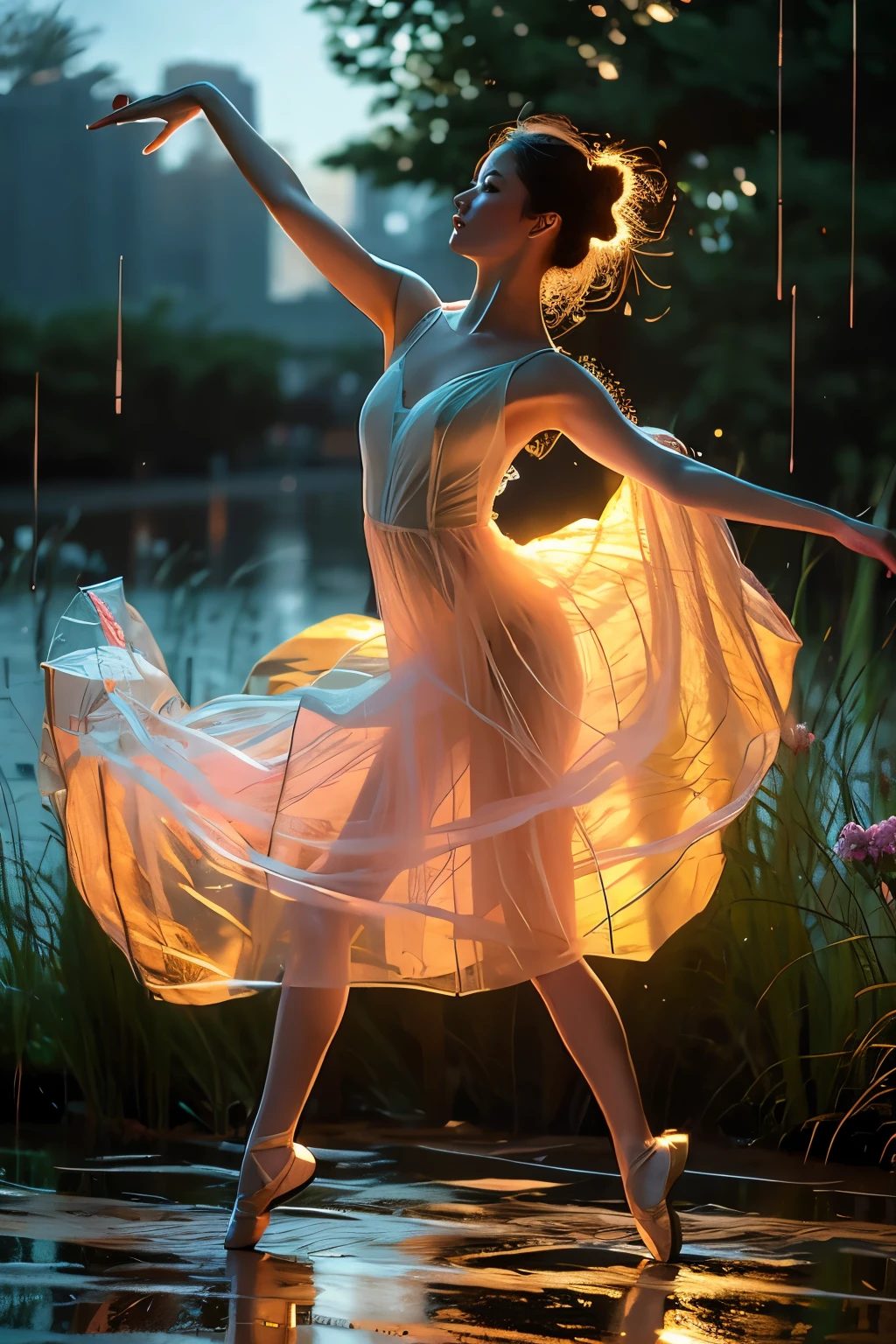 ballet dance pose, Dancing in the Rain, rainning, masterpiece, best quality, 1girl, solo, delicate face, white-skinned female, see-through silhouette, white dress, full body,outdoor,dark,grasses and flowers,blur background,background defocus
