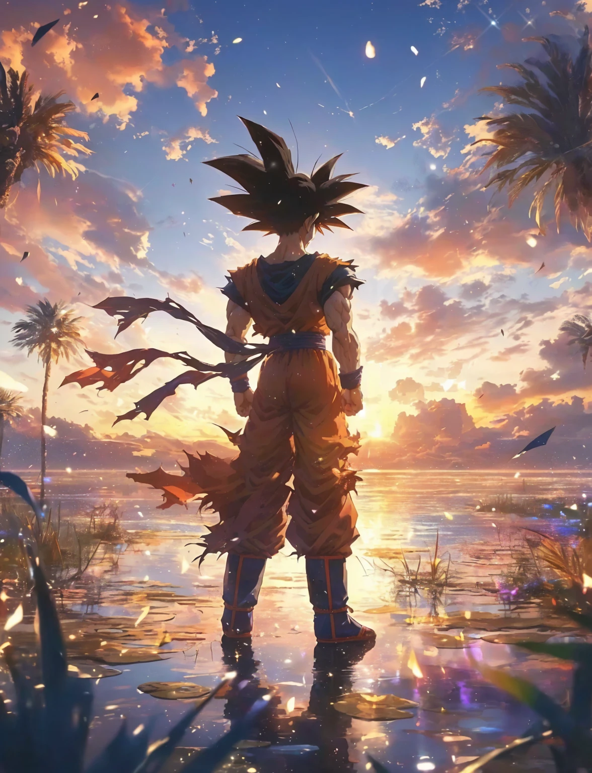 Dragon Ball Goku standing in water，Sunset in the background, 4k comics wallpaper, Anime style 4k, anime art wallpaper 8 k, Anime Wallpaper 4K, Anime Wallpaper 4K, 4k anime wallpaper, Anime Art Wallpaper 4K, Anime Art Wallpaper 4K, Bad guy anime 8k, Anime epic artwork, Sun Wukong, Goku in Dragon Ball