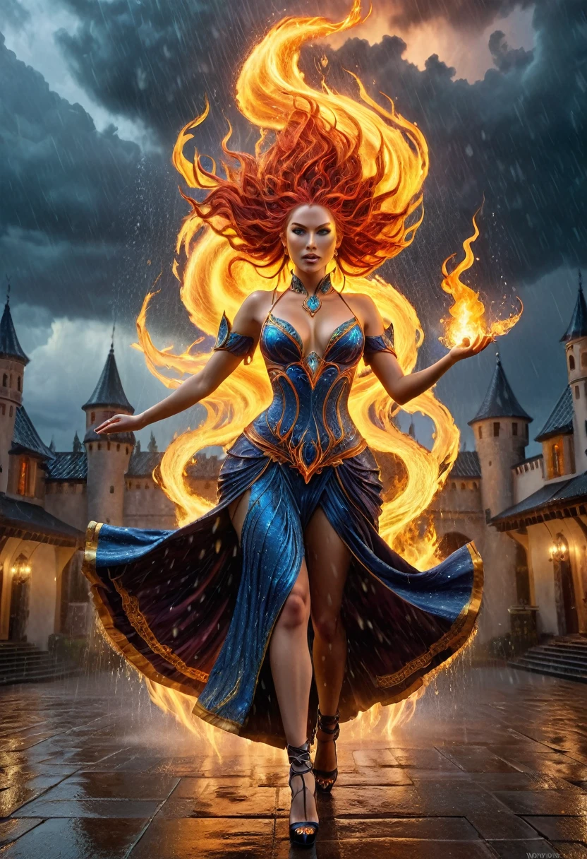 a sorceress of fire making fire dance in a the (storm of rain: 1.3), a most exquisite beautiful sorceress, controlling fire manipulating fire, a woman, dynamic hair color, dynamic hair style, (most beautiful face: 1.3), (ultra detailed face: 1.2), wet hair, wet face, dynamic eyes color, full body shot, wearing dress made of fire, wearing intricate high heels, light make up, dancing in courtyard of a fantasy castle background, ((heavy rain drops: 1.1)), clouds in the sky, (anatomically correct: 1.4), (full body shot: 1.1) , vibrant, Ultra-high resolution, High Contrast, (masterpiece:1.5), highest quality, Best aesthetics), best details, best quality, highres, ultra wide angle, 16k, [ultra detailed], masterpiece, best quality, (extremely detailed),