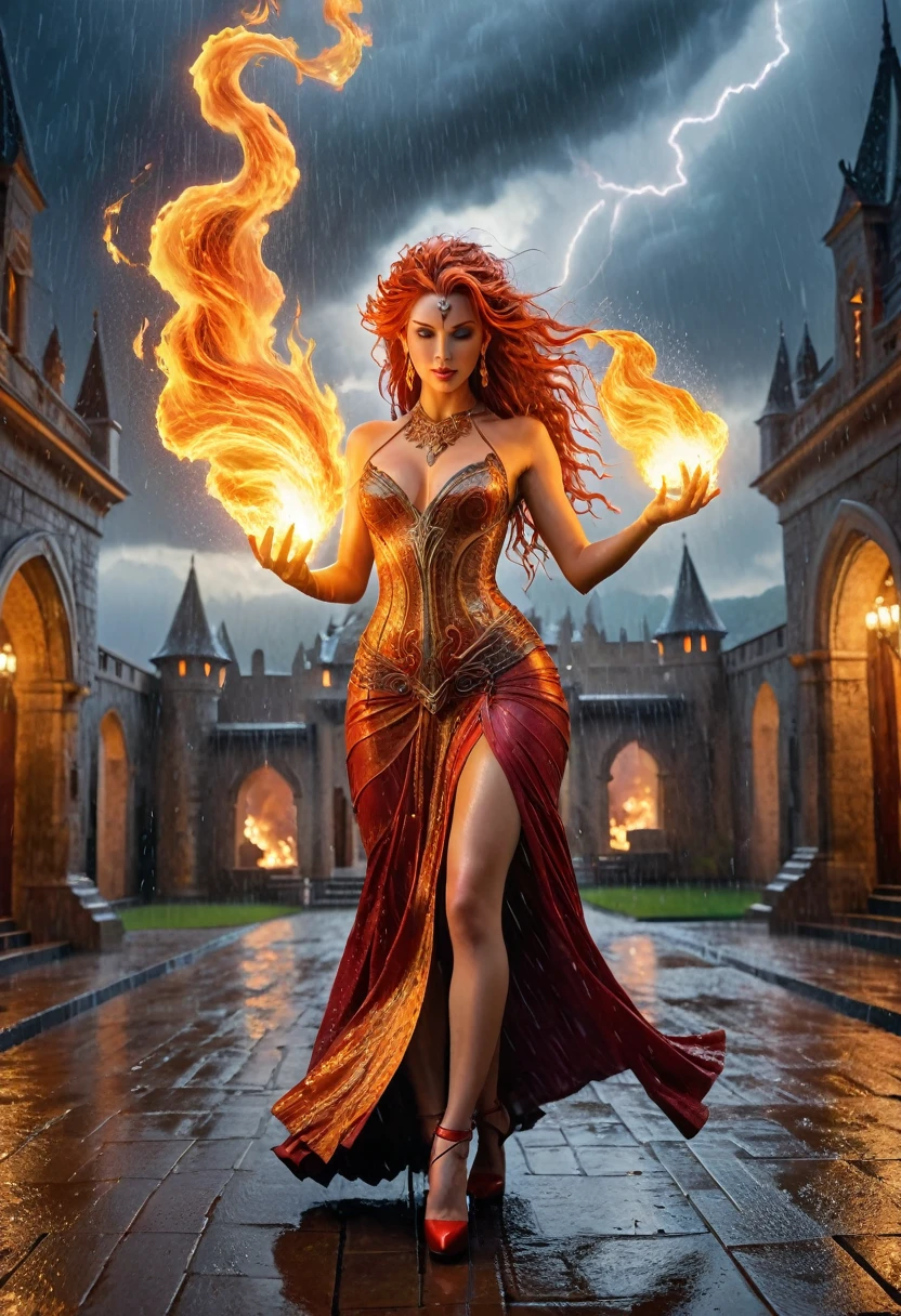 a sorceress of fire making fire dance in a the (storm of rain: 1.3), a most exquisite beautiful sorceress, controlling fire manipulating fire, a woman, dynamic hair color, dynamic hair style, (most beautiful face: 1.3), (ultra detailed face: 1.2), wet hair, wet face, dynamic eyes color, full body shot, wearing dress made of fire, wearing intricate high heels, light make up, dancing in courtyard of a fantasy castle background, ((heavy rain drops: 1.1)), clouds in the sky, (anatomically correct: 1.4), (full body shot: 1.1) , vibrant, Ultra-high resolution, High Contrast, (masterpiece:1.5), highest quality, Best aesthetics), best details, best quality, highres, ultra wide angle, 16k, [ultra detailed], masterpiece, best quality, (extremely detailed),