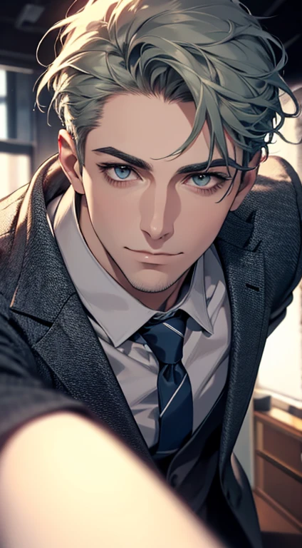 (best quality,4k,8k,highres,masterpiece:1.2),ultra-detailed,(realistic,photorealistic,photo-realistic:1.37),1 man,31 years old, man,very handsome,without expression,smile,short grey green hair,blue eyes,penetrating gaze,perfect face without errors,imposing posture,businessman,office background,cinematic lighting,hdr image