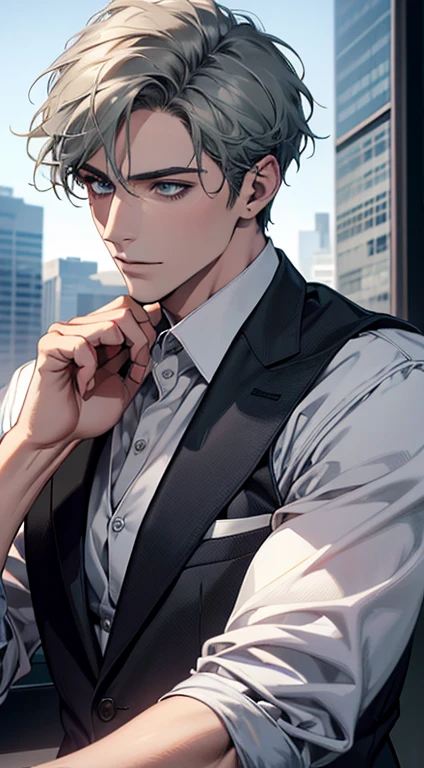 (best quality,4k,8k,highres,masterpiece:1.2),ultra-detailed,(realistic,photorealistic,photo-realistic:1.37),1 man,31 years old,mature man,very handsome,without expression,smile,short grey green hair,blue eyes,penetrating gaze,perfect face without errors,imposing posture,businessman,office background,cinematic lighting,hdr image