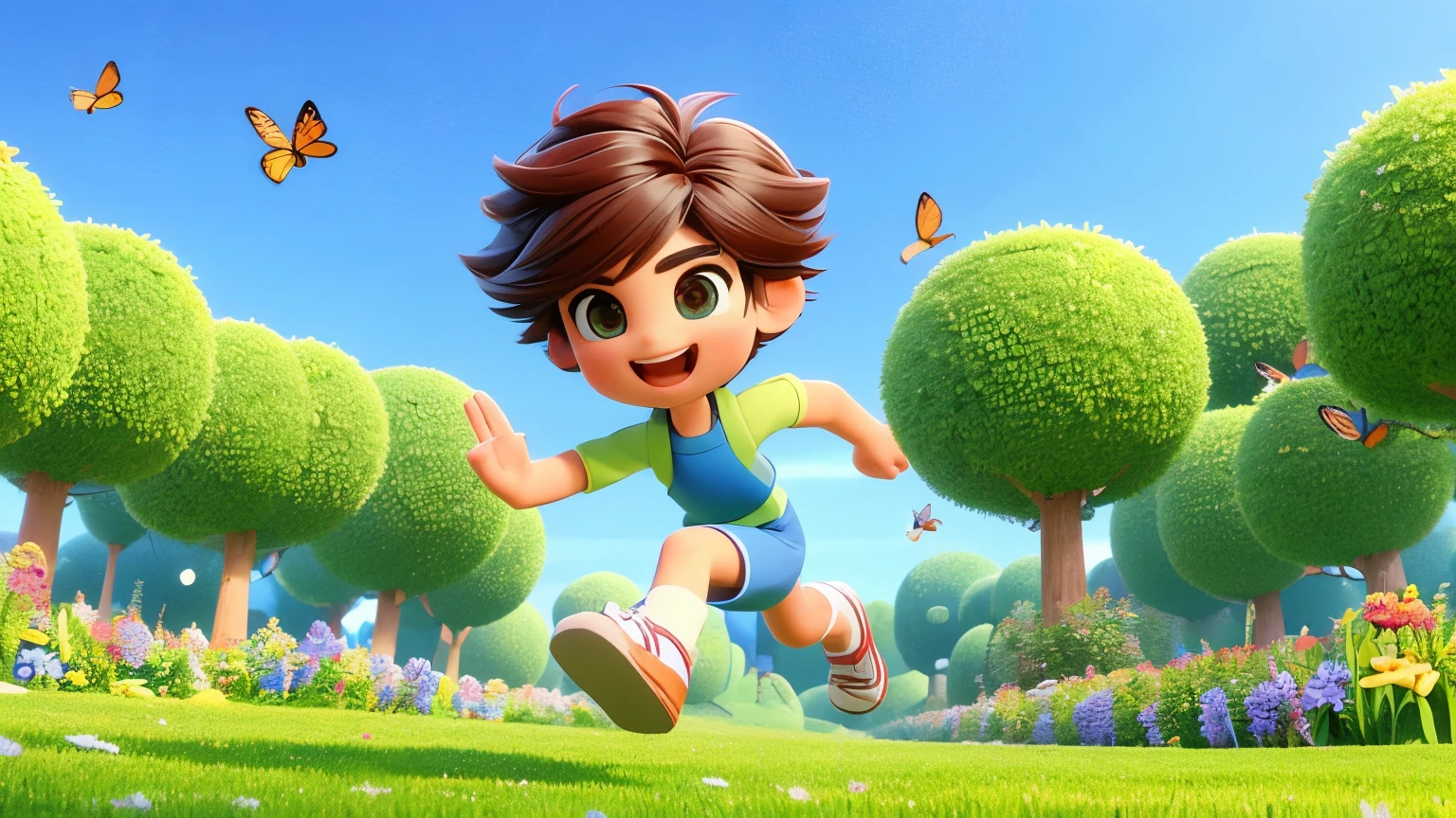 Create a 3D cartoon character named Abdullah in the style of Pixar animation. Abdullah is a spirited and kind-hearted young Muslim boy, , with a passion for community service and nature. He has olive skin, dark small scruffy afro hair, and wears a white thobe. His expressive brown eyes and a gentle smile reflect his compassionate nature. The scene is set in a lively community garden, where Abdullah is planting flowers and interacting playfully with colourful honey bees, depicting his connection to nature and community spirit.