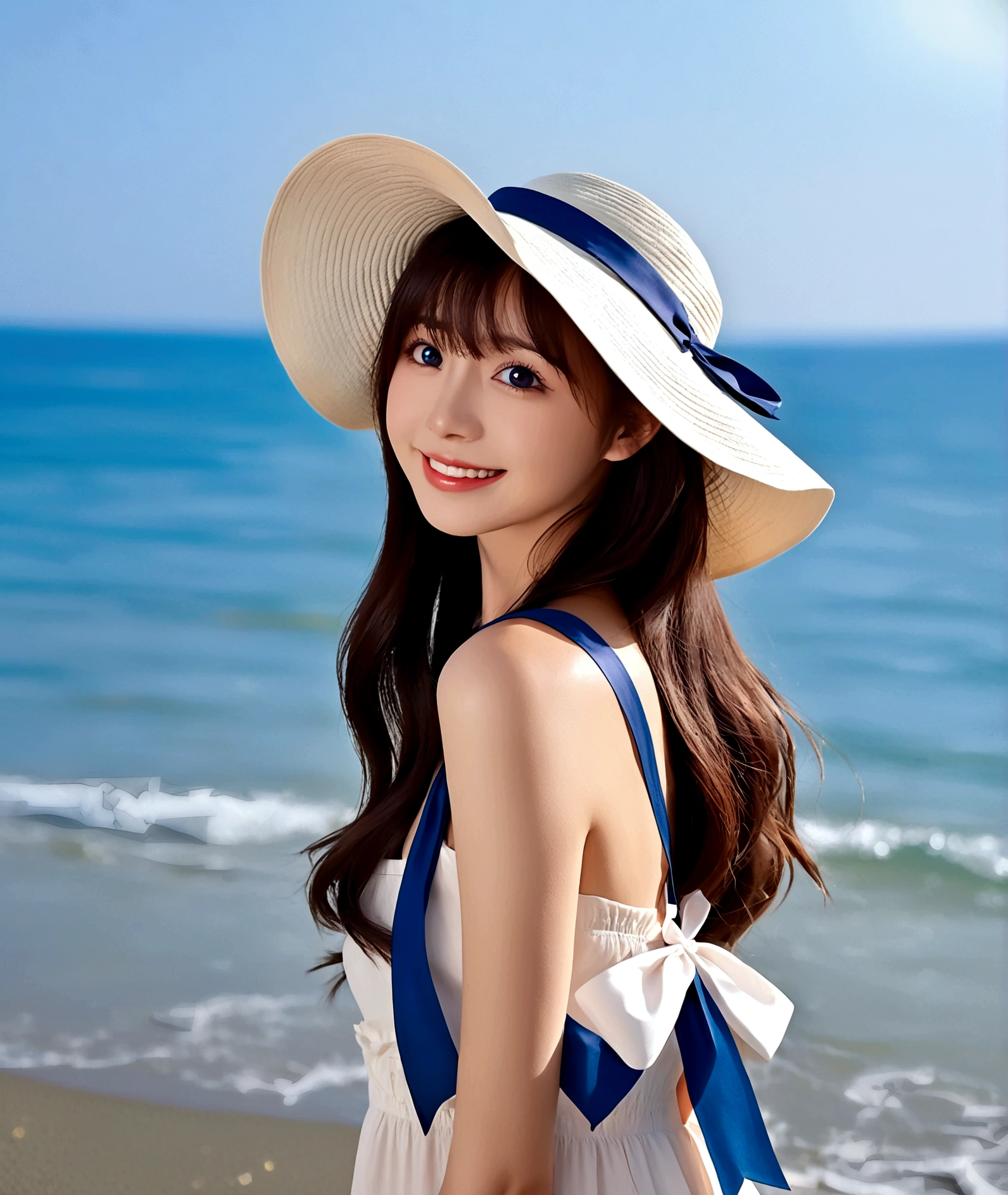 1girl, solo, long hair, breasts, looking at viewer, blush, smile, open mouth, bangs, blue eyes, brown hair, black hair, hat, dress, bow, ribbon, holding, bare shoulders, :d, outdoors, sky, sleeveless, day, looking back, white dress, sleeveless dress, ocean, white headwear, beach, arms behind back, hat ribbon, blue ribbon, headwear removed, sun hat, hat removed, holding clothes, sundress, holding hat