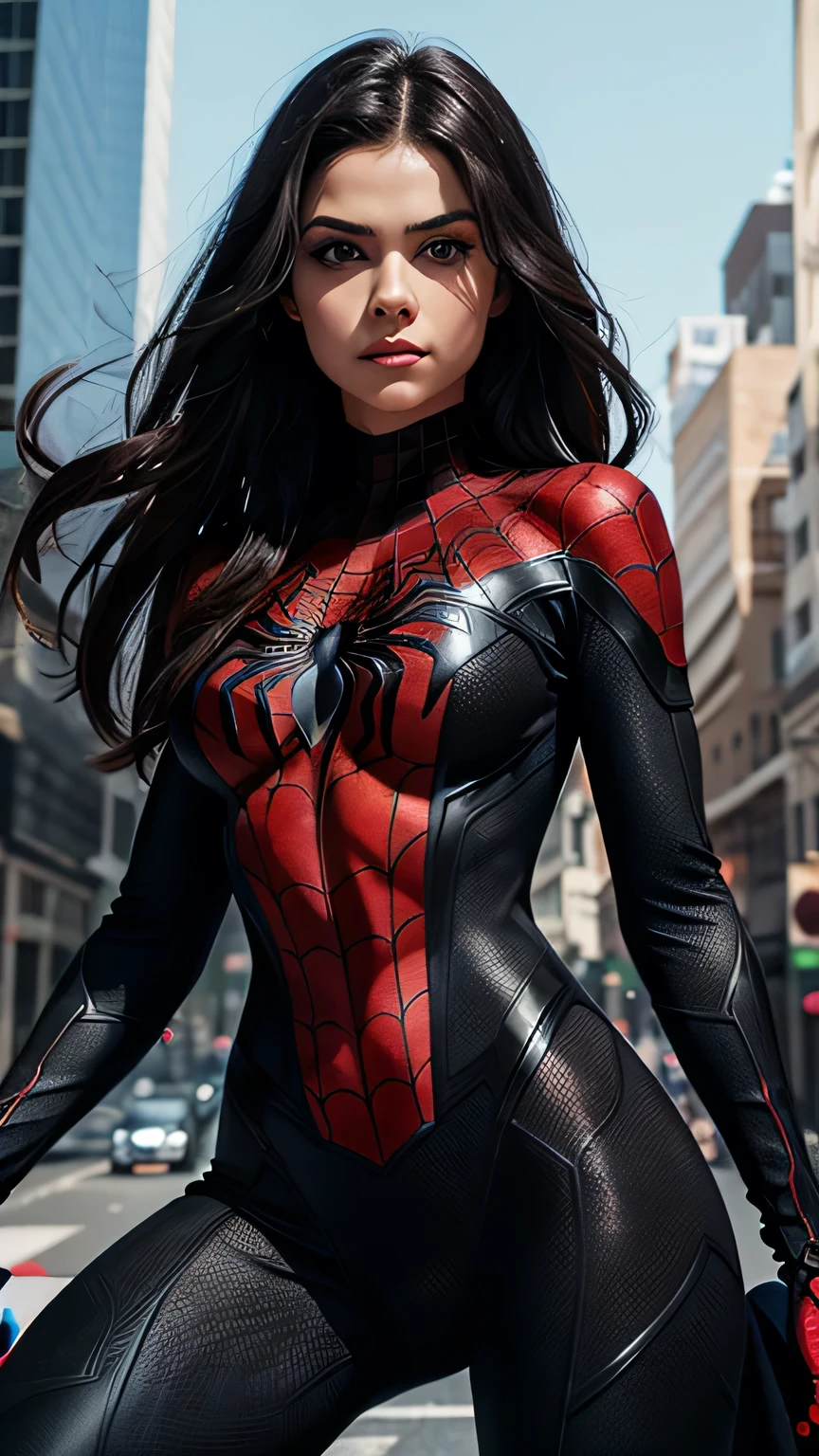 spider-woman, black suit, beautiful eyes, half body, masterpiece, ultra high details