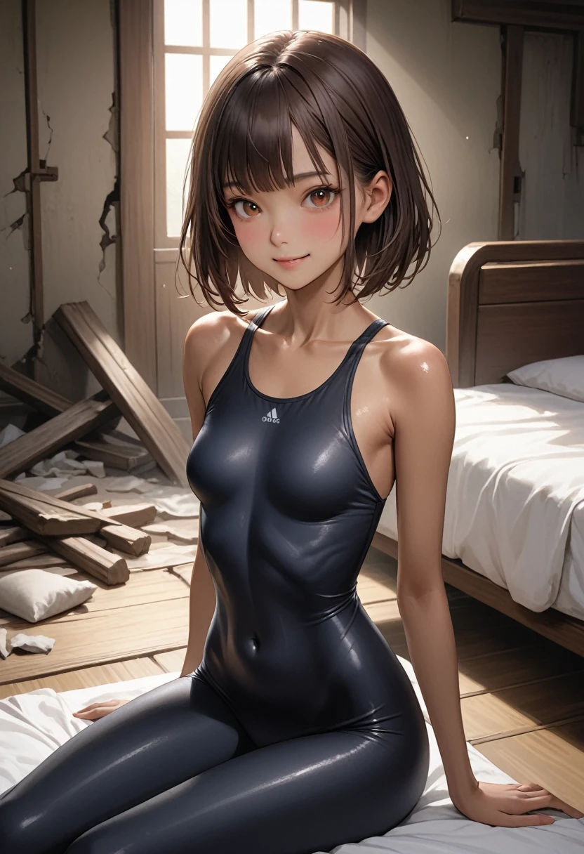 (masterpiece,Highest quality:1.3,best quality illustration),realistic,cowboy shot,1woman,30 year old Japanese beauty,((very small head:1.3)),short bob hair,brown hair,bangs,brown eyes,gorgeous eyes,blush,smile,small breasts,((very long body:1.3)),((toned body,slender body,skinny)),tan skin:1.2,Black tight tank top、navel、Black panties、gleaming skin,shiny skin,sweat:1.3,sitting,Simple bed、A cluttered bedroom、ruins、