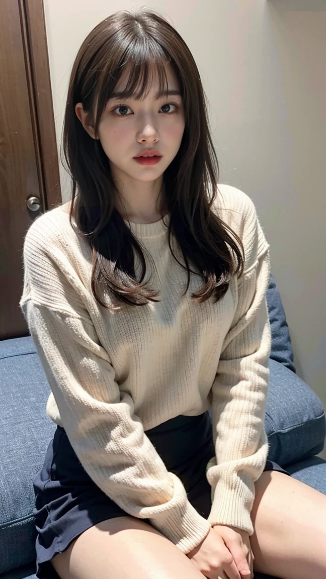 One woman per photo, A shot from between the legs upwards, Young and beautiful woman in Japan, Super cute face, 15 years old, Open your mouth, Attractive person, Busty women, Completely naked, Double eyelids on both eyes, Natural Makeup, Long eyelashes, Shiny, smooth, light brown medium length hair, Asymmetrical bangs, Sunburned skin, head in the frame, Center image, 8K resolution, High detail, Detailed hairstyle, Detailed face, Spectacular movie lighting, Ultra-realistic