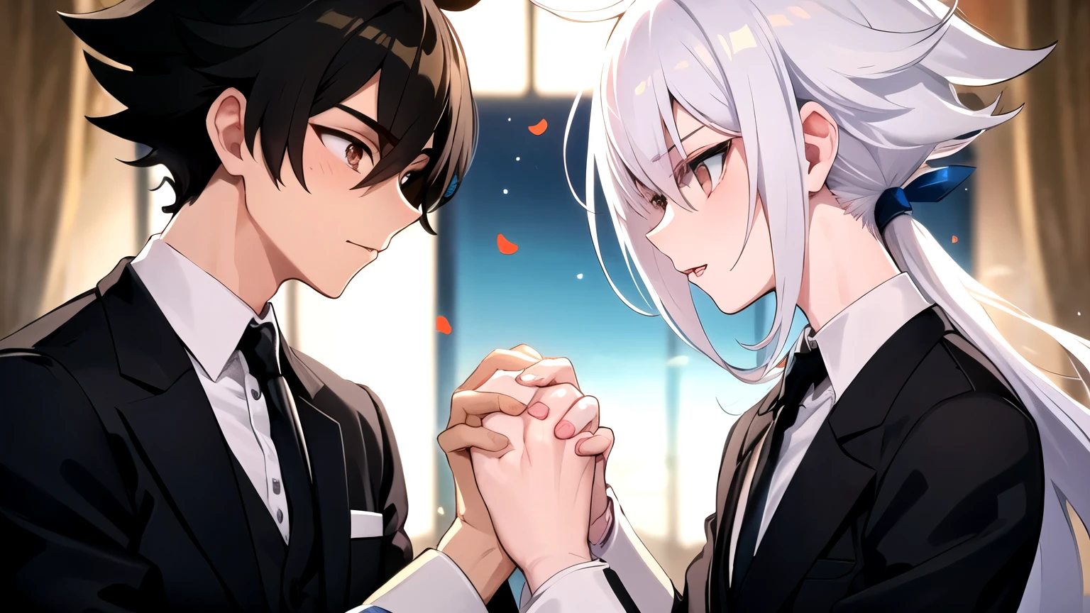 two men getting married with male gender suit, em um casamento sendo Shu do Anime Beyblade Burst Evolution (24 year old man,white hair, Eyes red) and the character Tetora Nagumo from the game Ensemble Estrelas (man 22 years old, brown eyes and short black hair), estariam holding hands facing each other, are at a wedding event, holding hands facing each other (ONLY TWO CHARACTERS IN THE PHOTO) male gay marriage