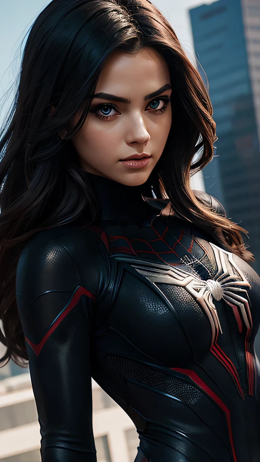 spider-woman, black suit, beautiful eyes, half body, masterpiece, ultra high details