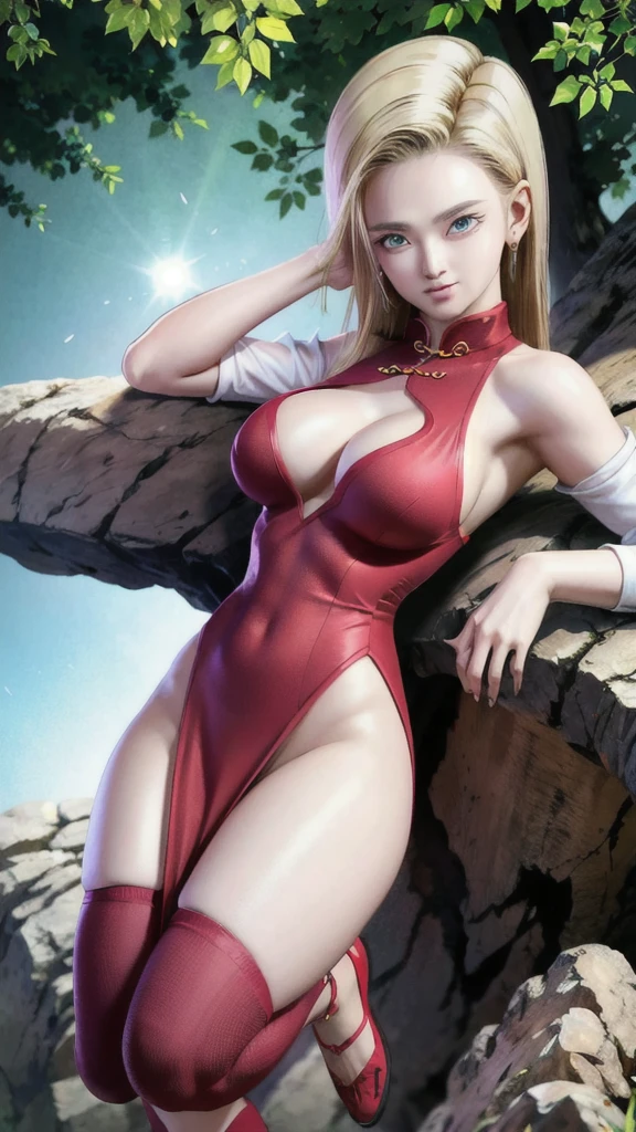 android 18,blonde hair,(((long hair))),blue eyes,(long slit red y cheongsam), (Red),looking at the audience,face smile,close-up, portrait, river,rock, ,tree,blue sky,high quality,masterpiece,sexody, sexy RDress, red,perfect big breasalistic intricate detail, Cinematic, 8K resolution, 70mm, Accent Lighting, Global Illumination, Full body portrait, clean detailed faces,