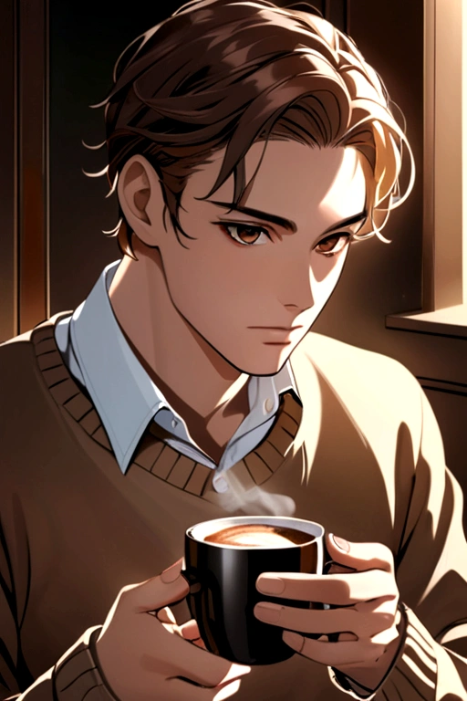 clear skin, for coffee, brown eyes with a sweater and a gun in his hands 