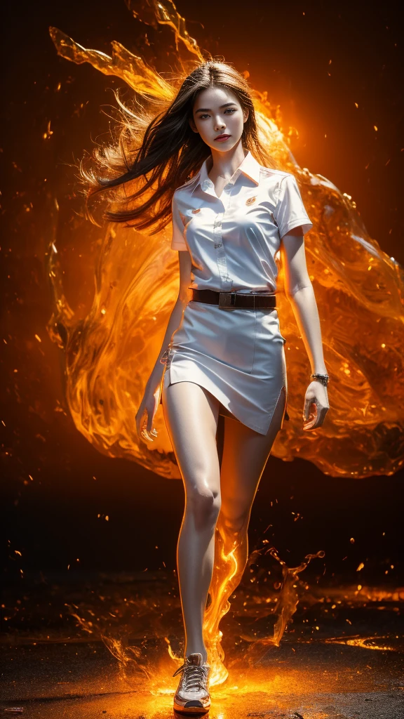 (fire element:1.1), medium long shot, It consists of fire element,fire,transparency,burning,(molten rock),Frame print,burning hair,smoke,cloud,chopped, girl engulfed in flames, Flames fly and sparks scatter,mano burning,translucent luminescence, 18s woman in thai university uniform, long straight fire hair, white shirt, black tight mini skirt, brown belt, white sneakers, masterpiece:1.2, high detail, realistic, cinematic scene, fire goddess, perfect figure, 16k, close up, portrait photo, dynamic powerful pose